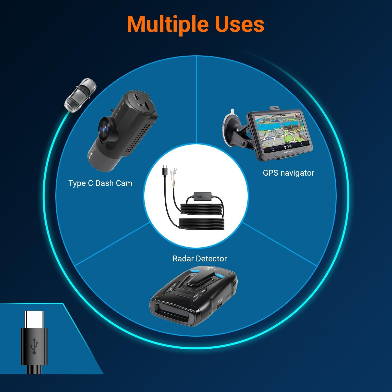 USB-C Hardwire Kit 11.5ft for Dashcams, 12V-24V to 5V, Low Voltage Protection, A