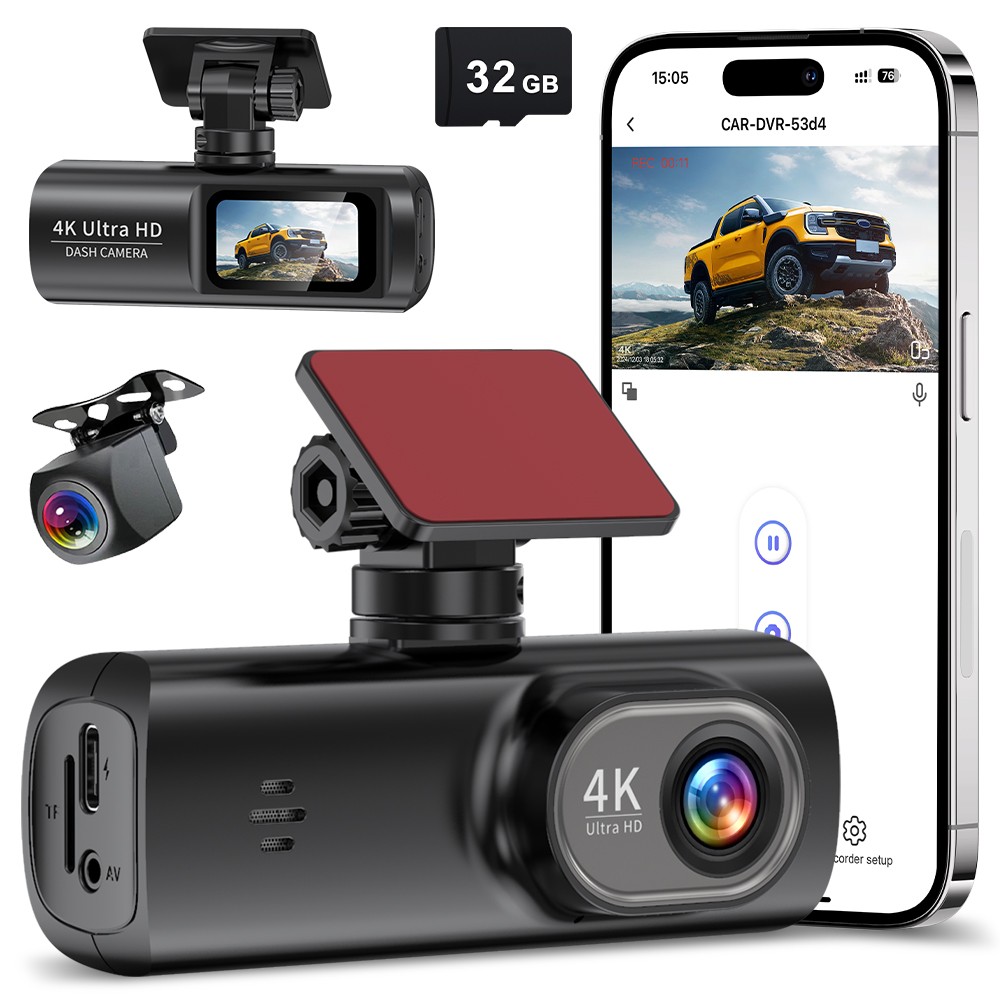 4K Dash Cam Front & Rear Car Dual Lens Video Recorder Free 32G Card Night Vision