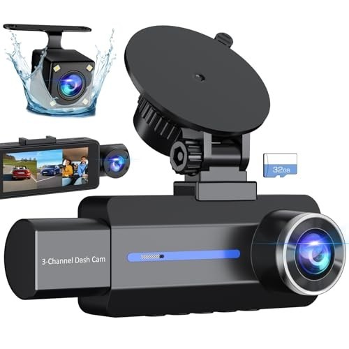 3 Channel Dash Cam Front & Rear, 2.5K 1440P, 170° Wide Angle, G-Sensor, Night Vi