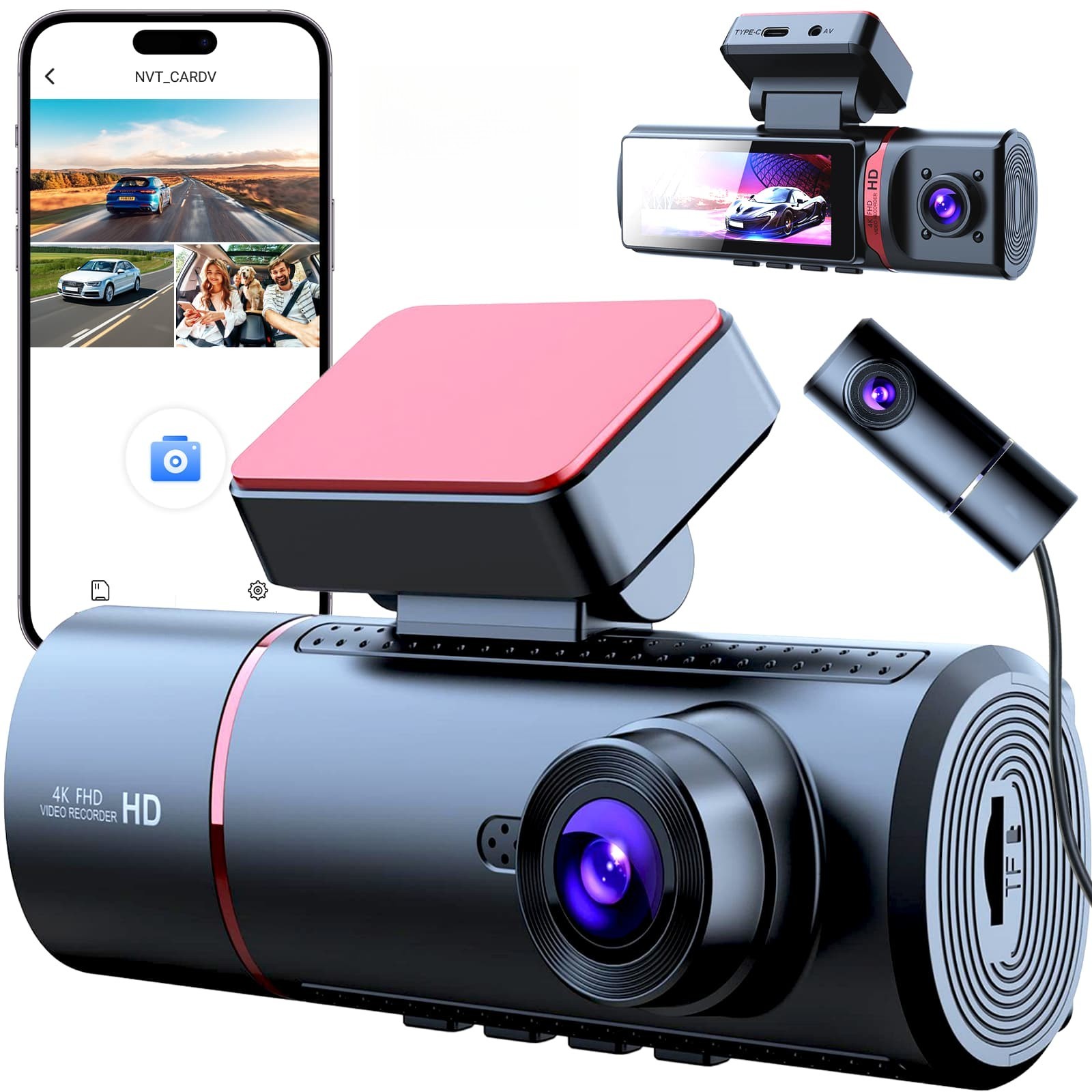4K UHD Dash Cam Car DVR WIFI 3 Channel Dash Camera Video with GPS Hardwire Kit