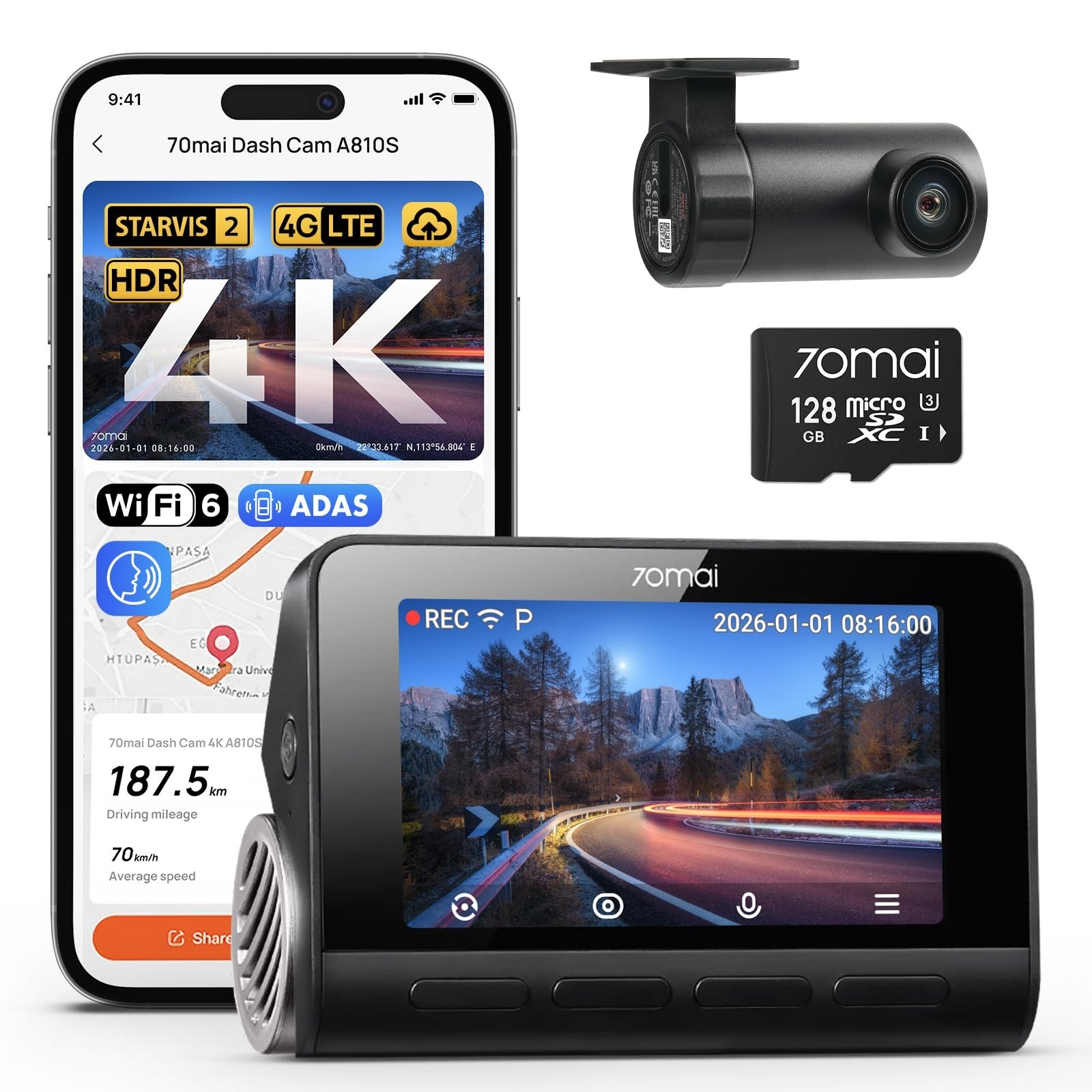 4K Dual Dash Cam Front & Rear, 4G LTE, AI Motion Detection, WiFi 6, HDR Night Vi