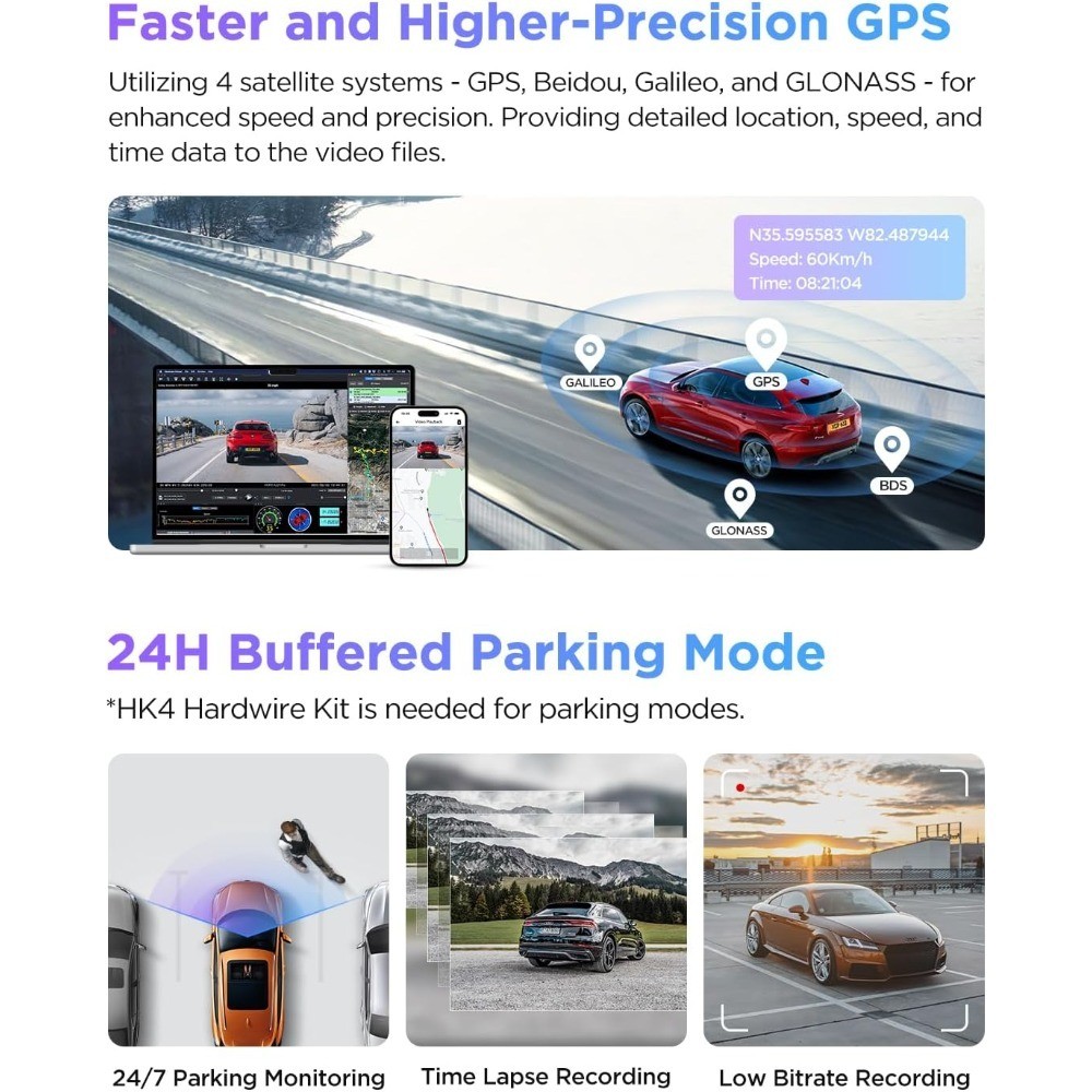 4K HDR Dash Cam Channel Front and Rear Camera with 5GHz WiFi GPS Night