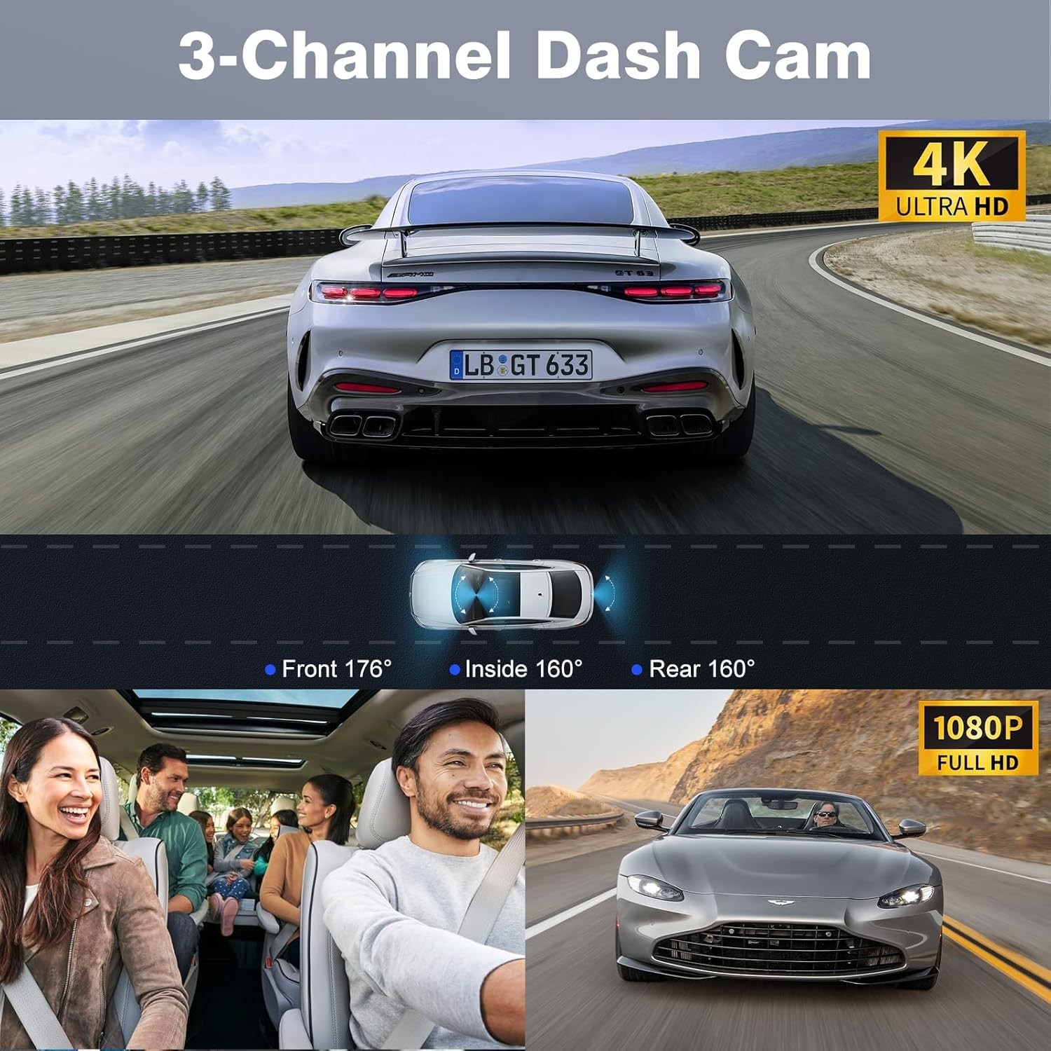 X5 4K WiFi Dash Cam Front and Rear Inside, 2160P+1080P+1080P FHD 3 Channel Da…