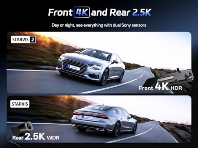 4K+2.5K Mirror Dash Cam with Front Starvis 2 IMX678 & Rear IMX335, 12″ Rear