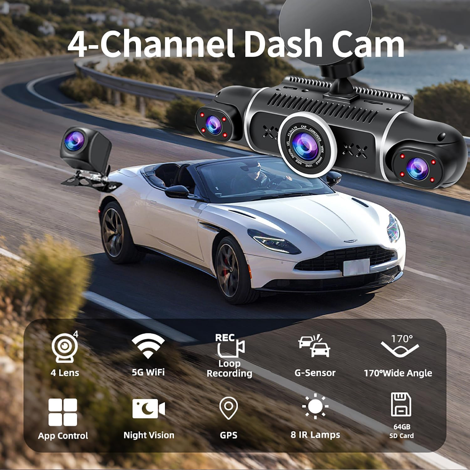 Camara Auto 360 Grados Delantera Trasera 4 Canales 2K+1080P Vision Nocturna 64GB