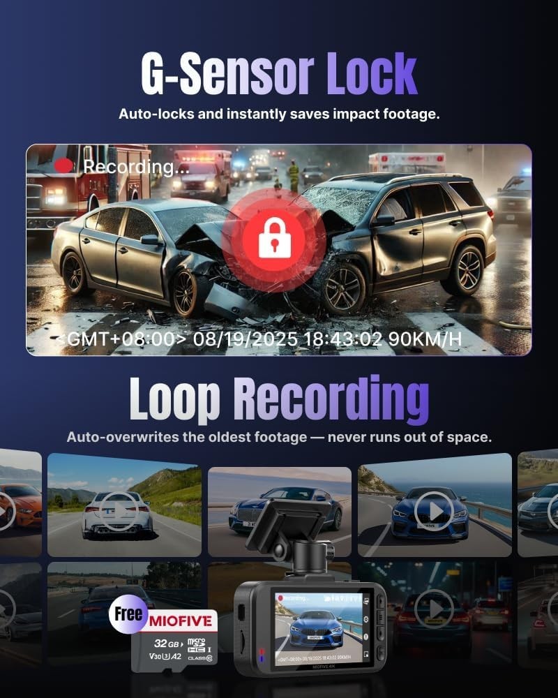 Advanced Dual Channel Dash Cam – 4K Front, 2.5K Rear, WiFi & Parking Monitoring