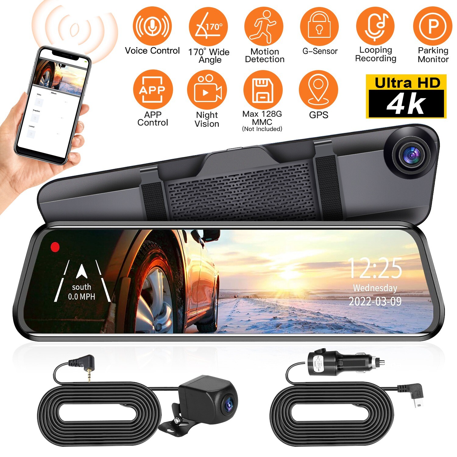 Touch Screen Dash Cam 4K 1080P Car DVR Recorder GPS G-sensor Front Rear Camera