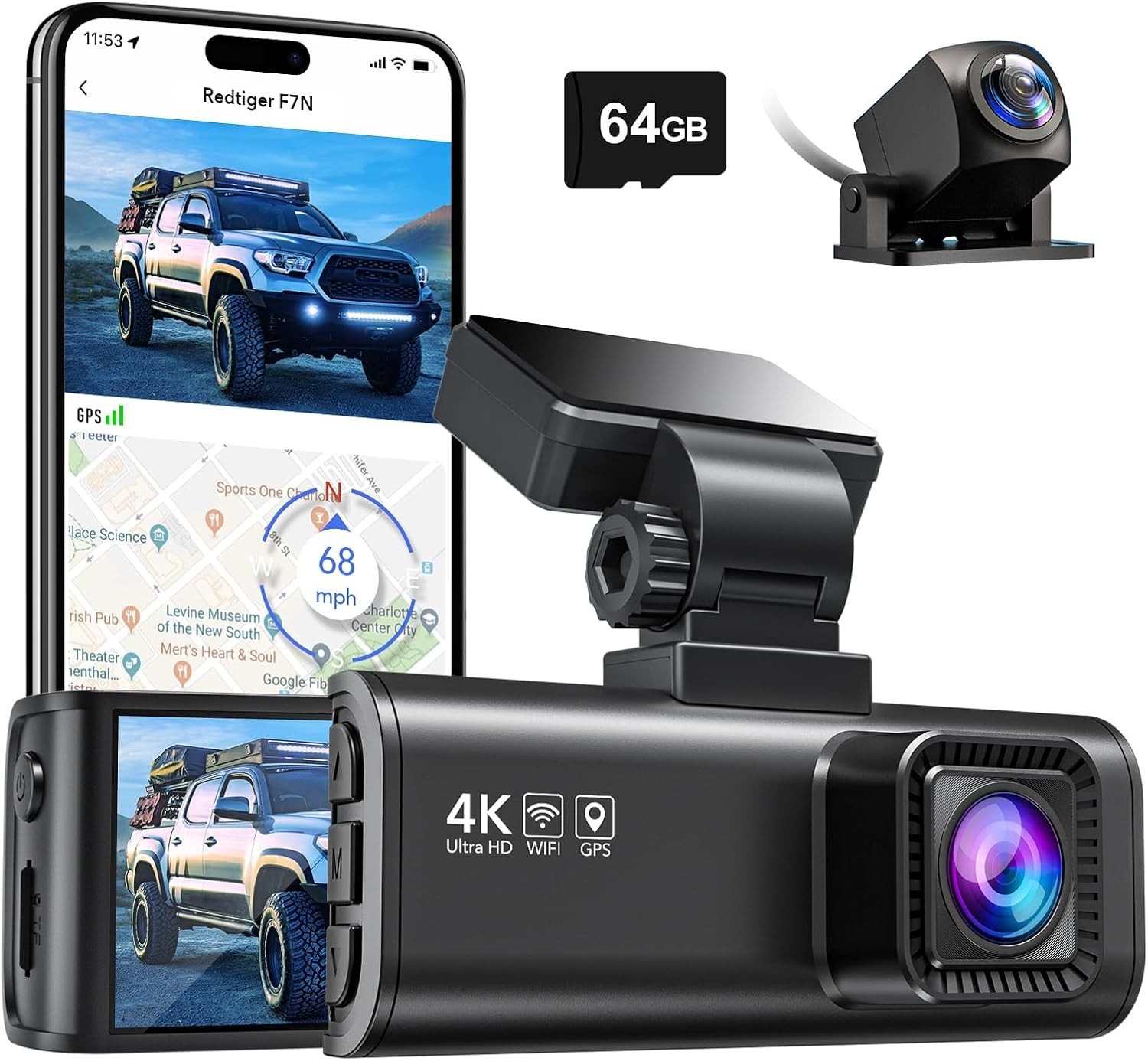 REDTIGER F7N-4K DashCam Front and Rear Built-In Wifi GPS 4K+1080P Dual DashCam