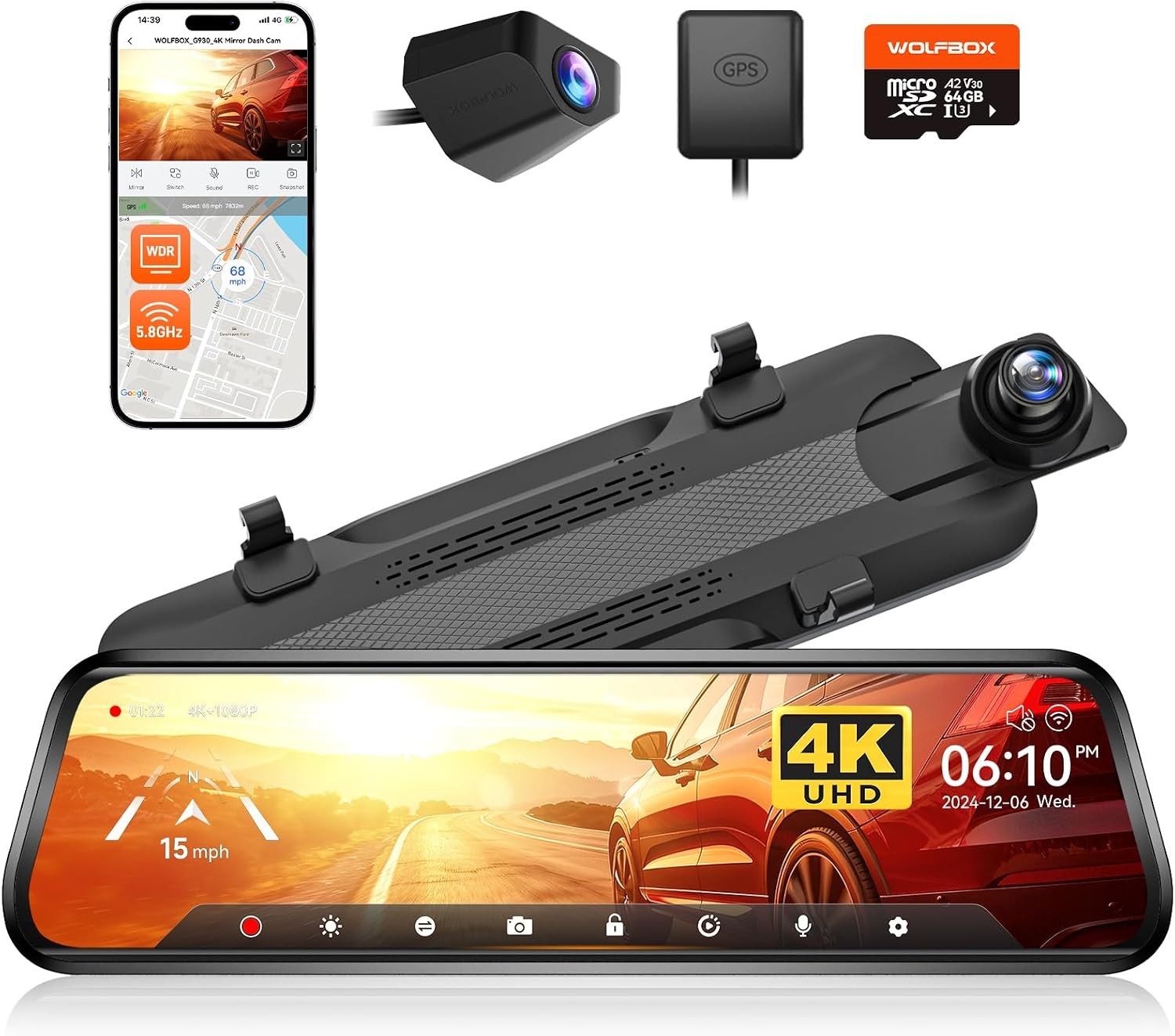 WOLFBOX G930 10” 4K Rear View Mirror Camera with 64GB Card,5.8GHz WiFi | Dash C