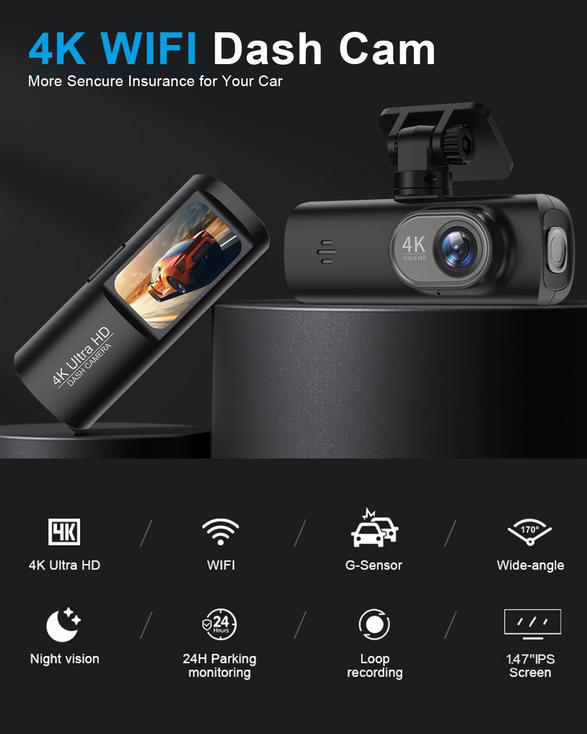 Dash Cam 4K Front, Ultra HD Dash Camera for Cars, 1.47”IPS Screen Mini Car C…