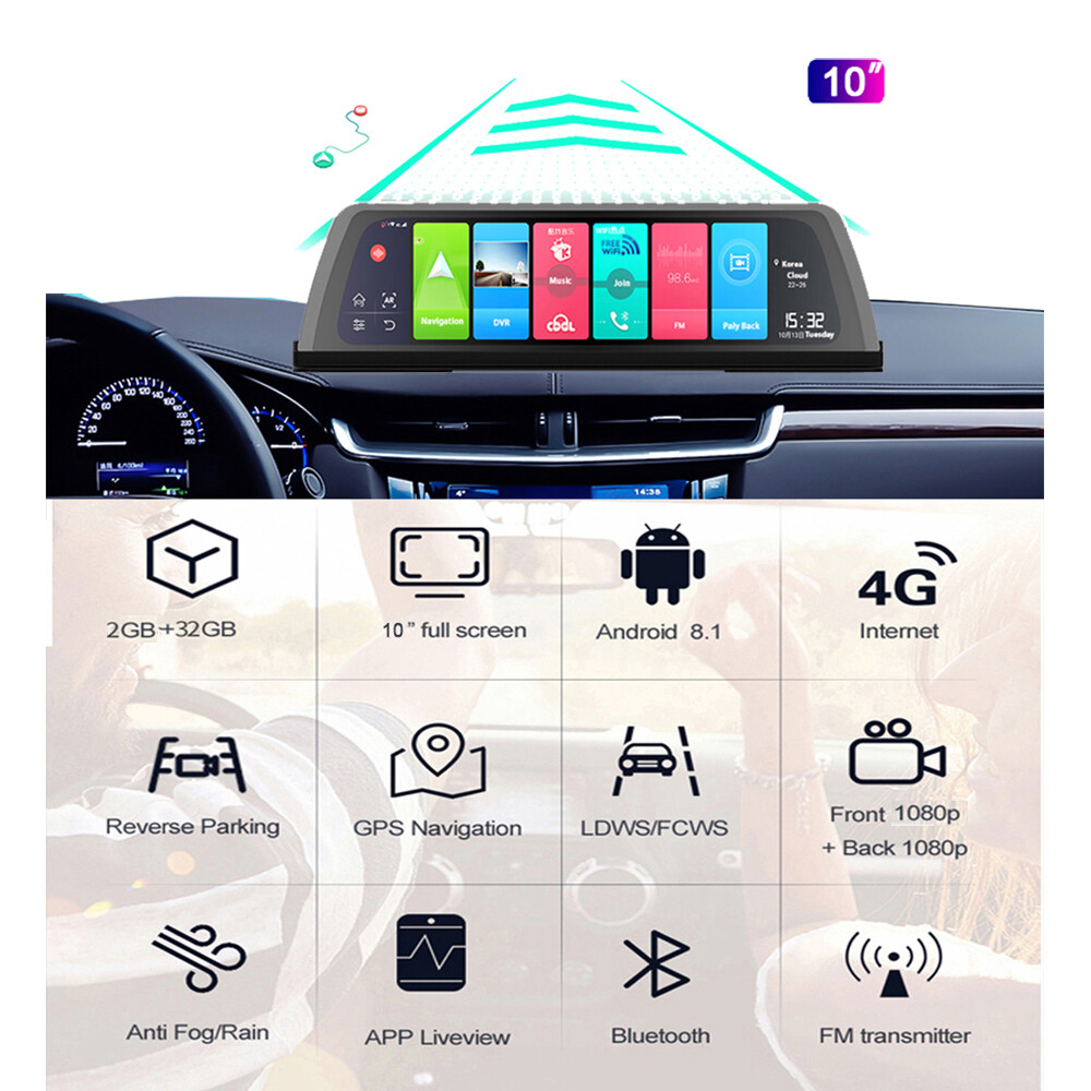 4G GPS Navigation Car DVR Center Console 10″ Android 8.1 Dash cam Video Recorder