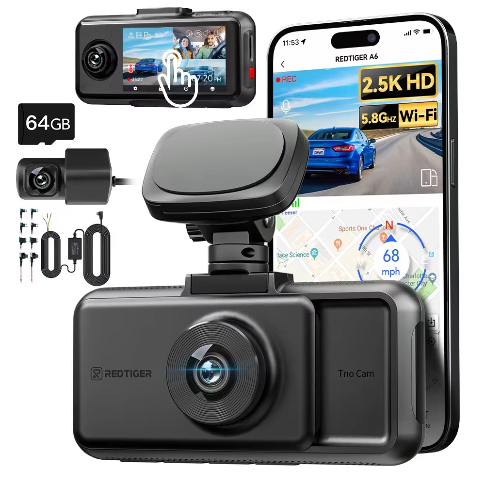 A6 3 Cameras Front/Cabin/Rear Cam 4K Dash Cam Built-In 5.8Ghz Wifi GPS Car DVR N