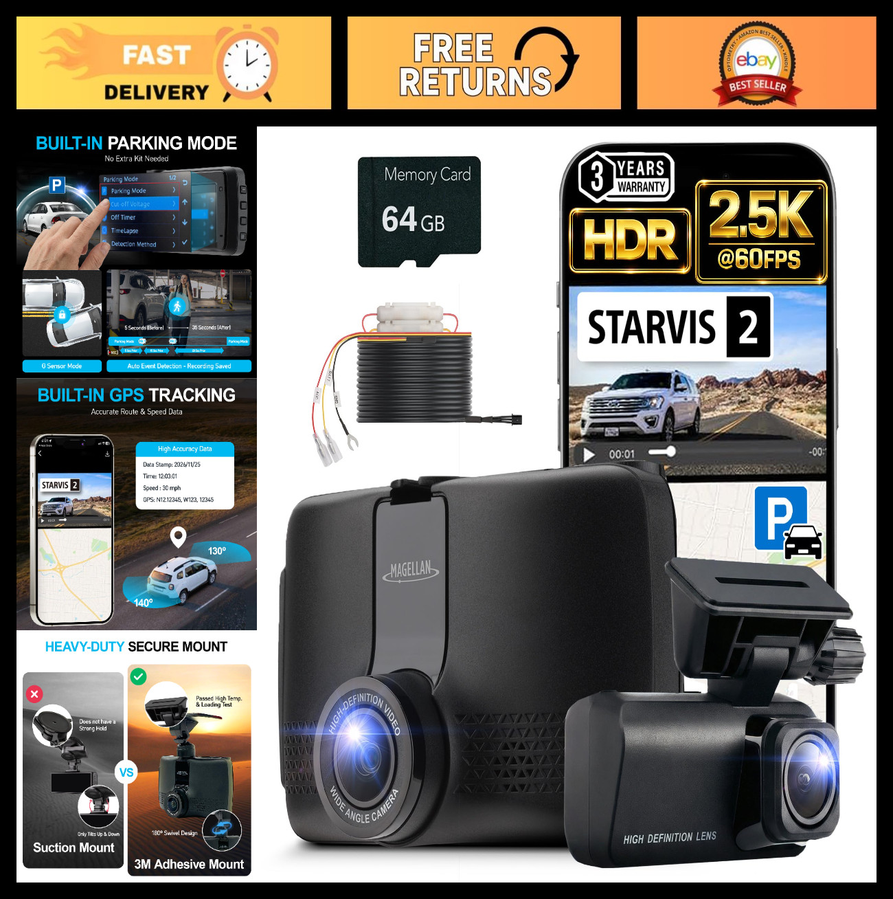 2.5K + 1080p Dual Dash Cam Front & Rear, 64GB Card, Wi-Fi, GPS, Night Vision, Pa