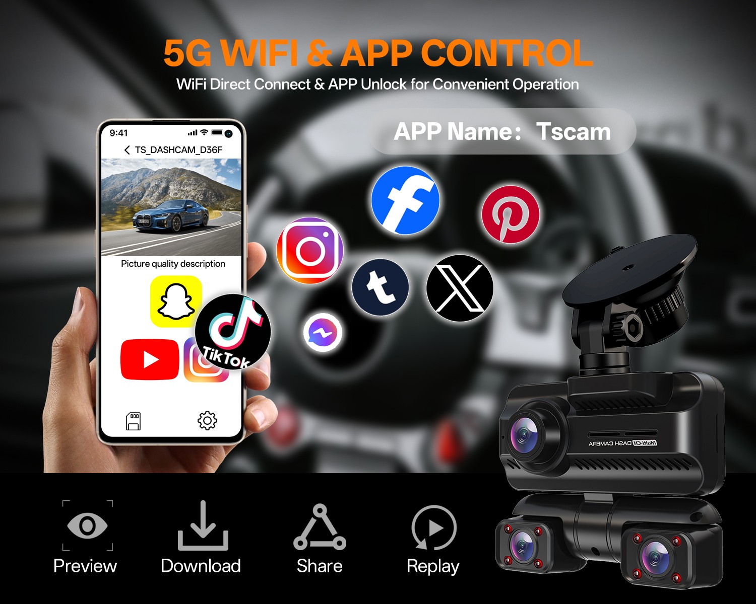 4K Full HD Car Camera with 128G Card, Built-in Wi-Fi GPS, 3.18” IPS Screen