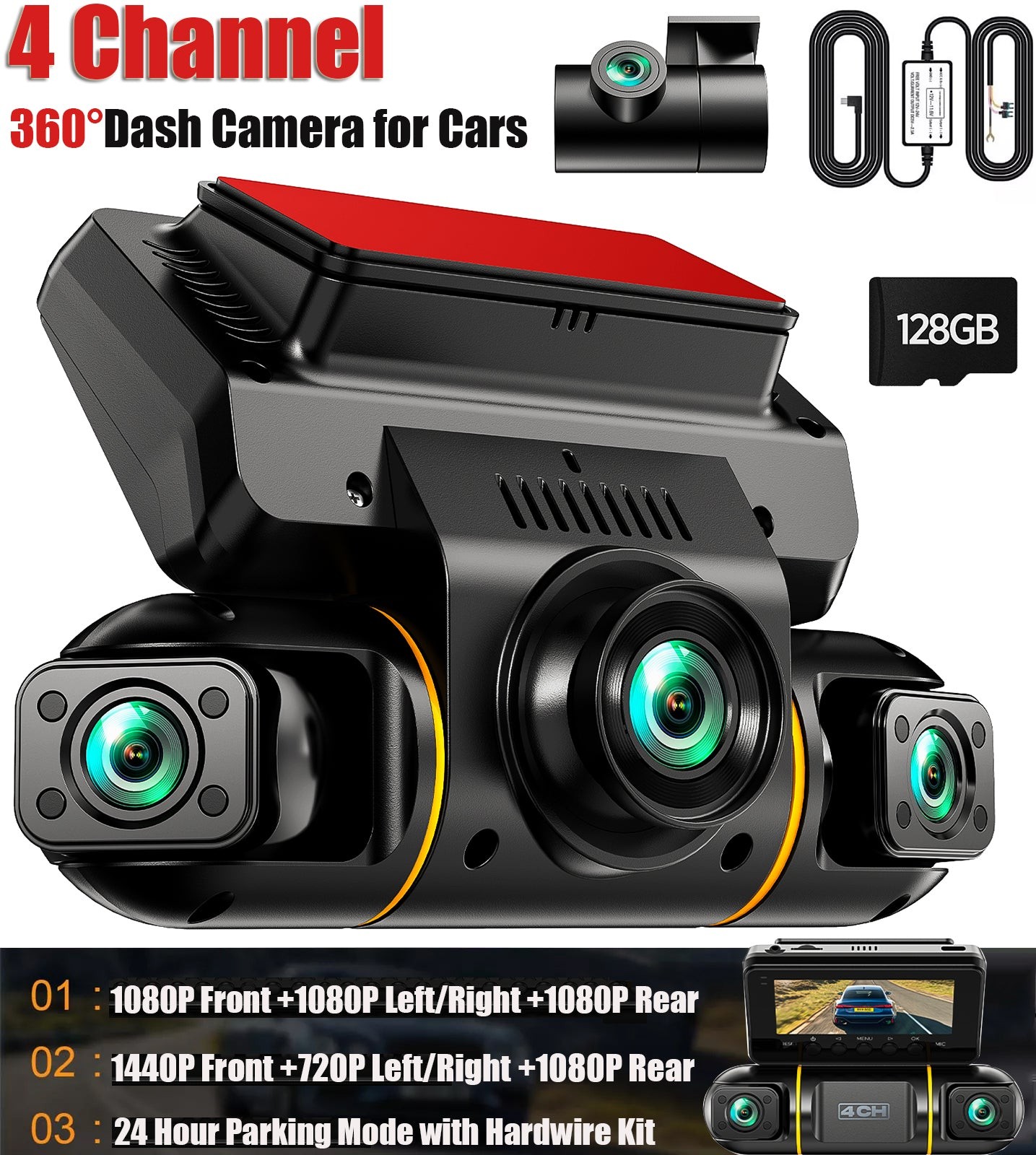 LAMTTO 360°4 Channel Dash Cam Front Rear Inside 5G WiFi Dash Camera Night Vision