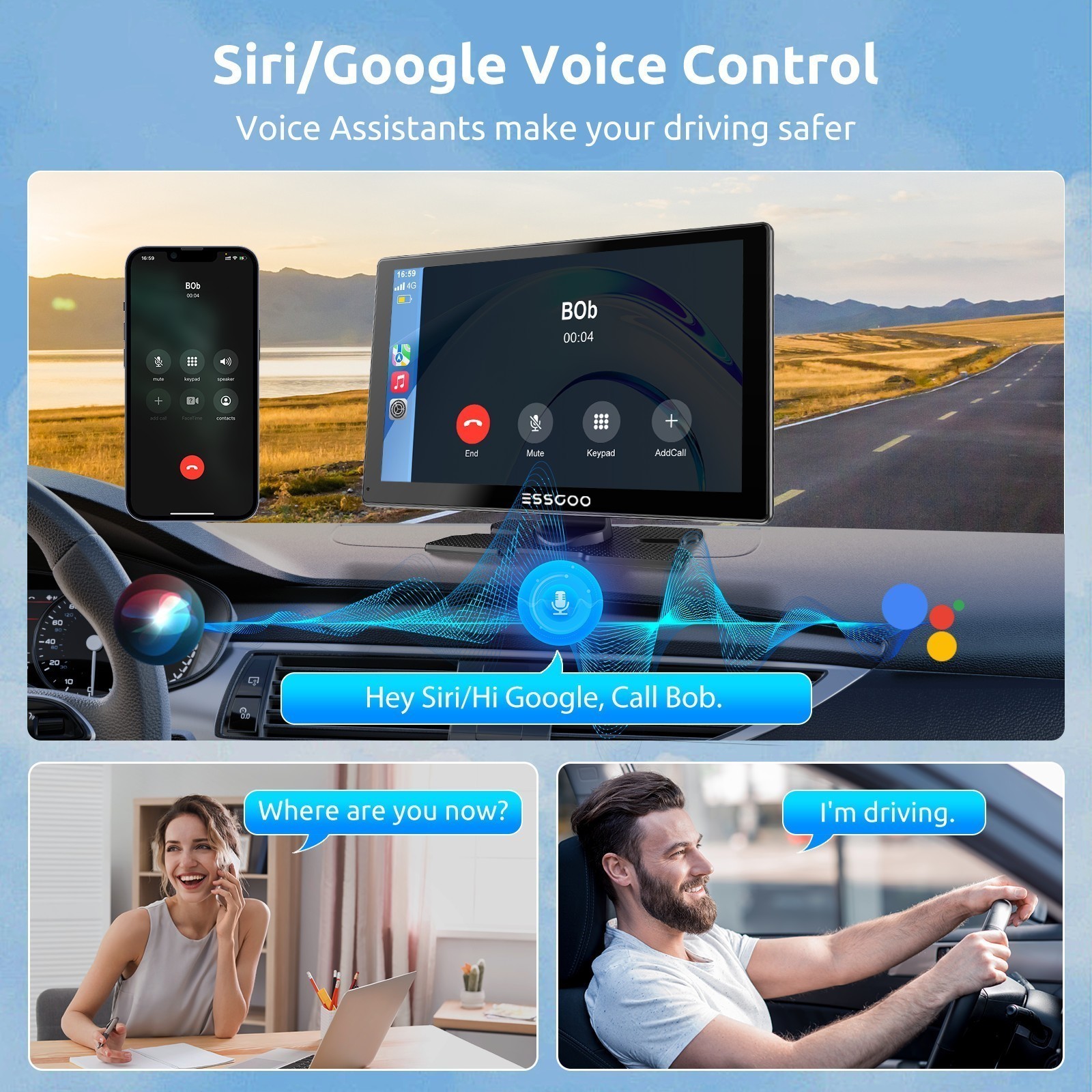 9″ 2K Portable Car Stereo GPS Wireless Carplay Android Auto w/DVR Dash Cam FM