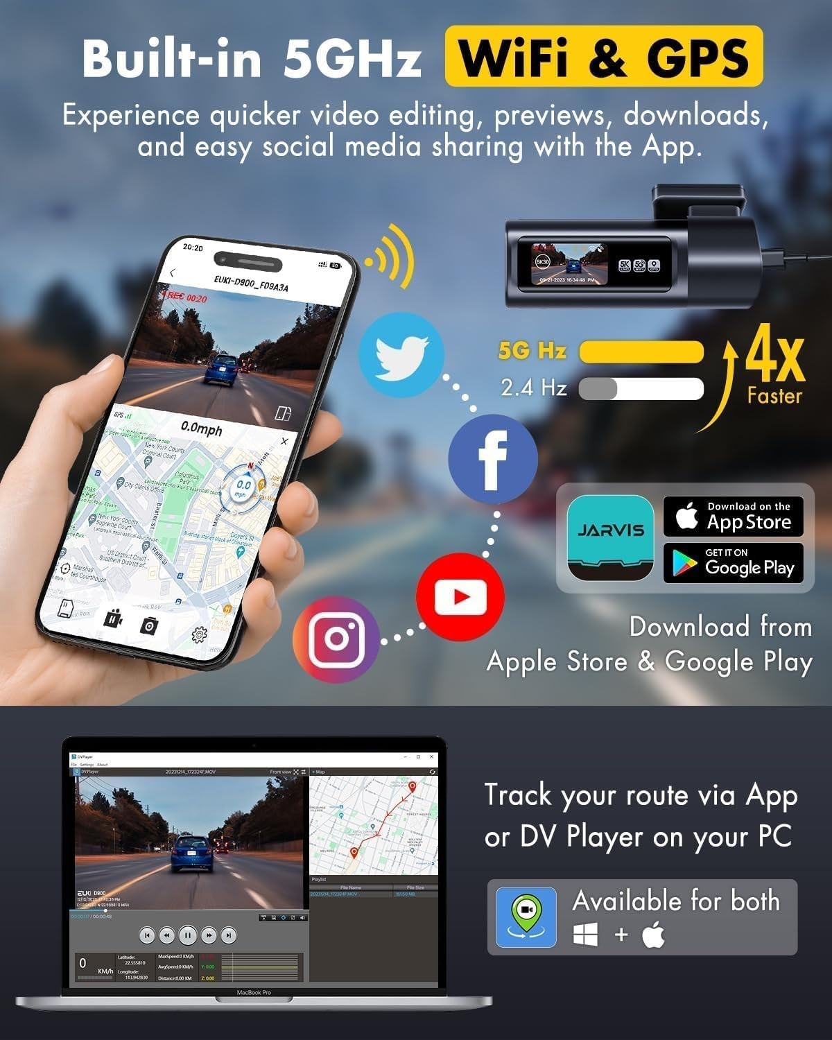 Dash Cam Front and Rear with 5GWiFi GPS, 5K/4K 60fps+2.5K Full HD Dash Camera