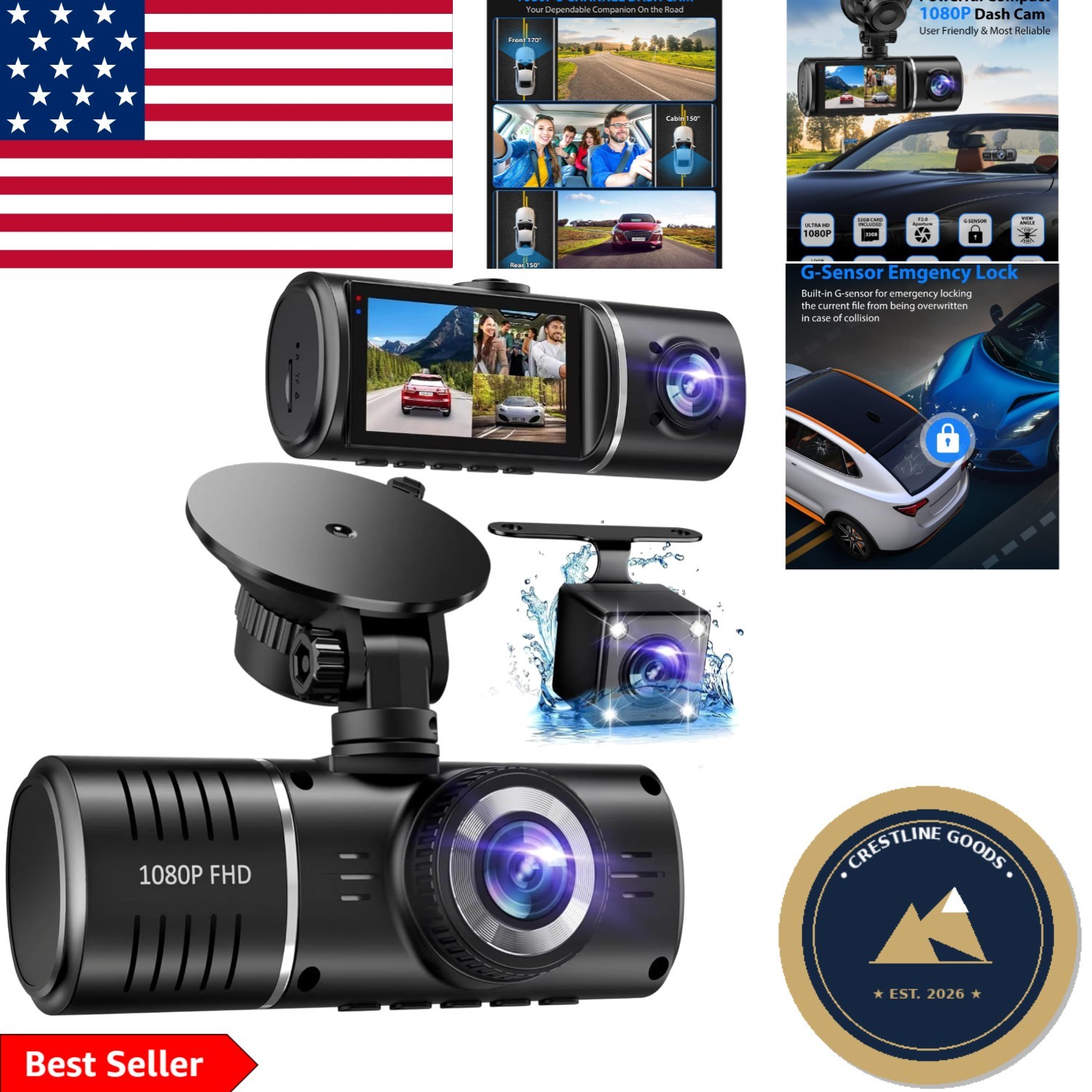 Triple Camera Dash Cam with Night Vision & 32GB Card for Ultimate Safety
