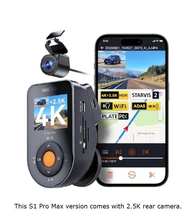 Vantrue S1 Pro Max 4K Front + 2.5K Rear Dual Dash Cam