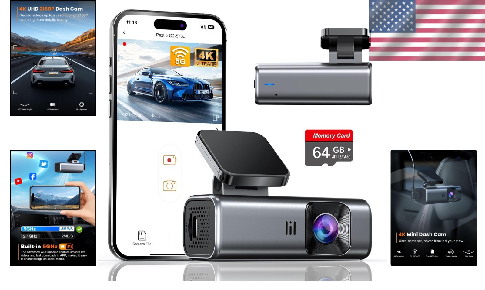 Advanced 4K Dash Cam with App Control, Loop Recording & 64GB Card Included