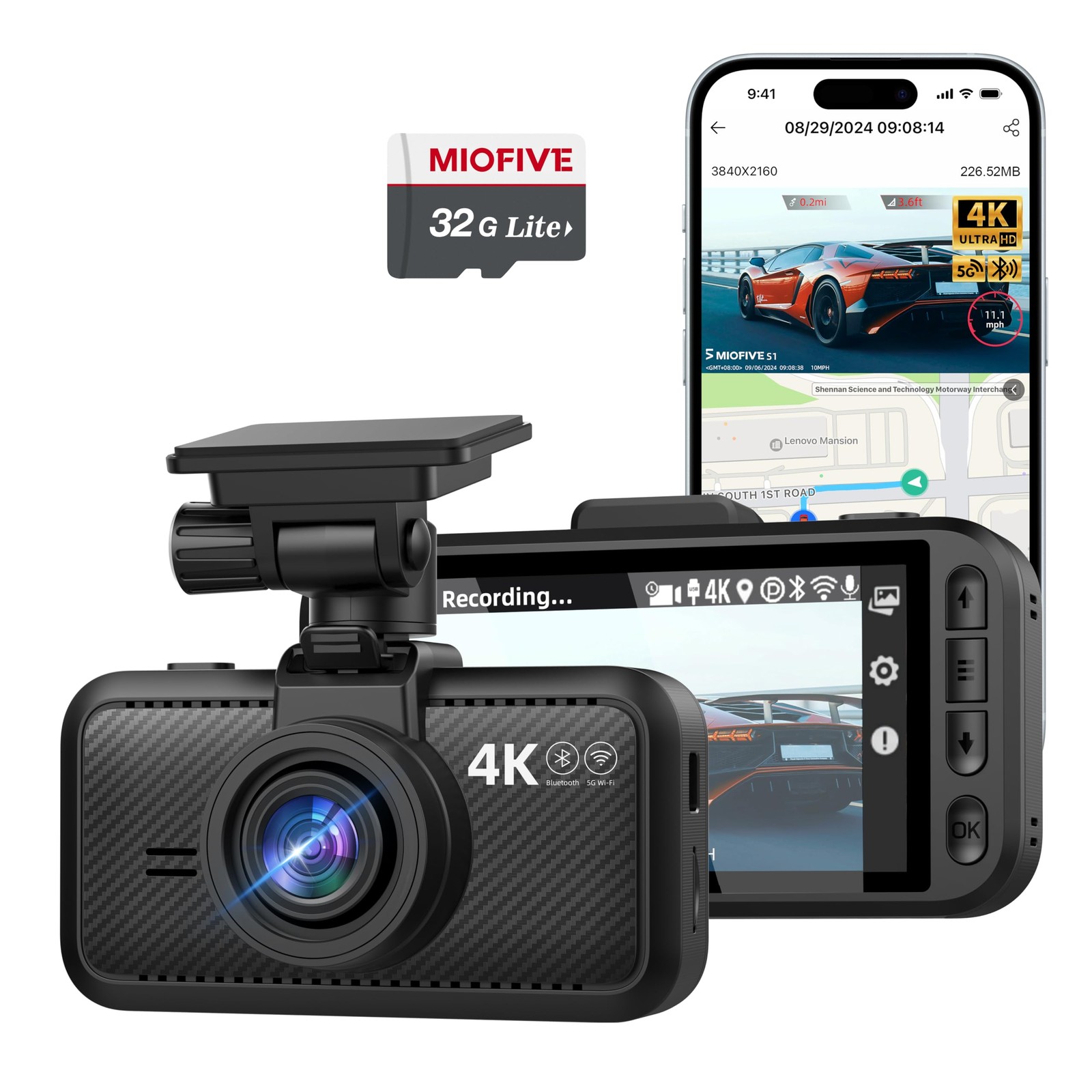 Miofive Car Camera 4K Resolution, WiFi, Bluetooth, GPS Dash Cam, 3-Inch IPS S…