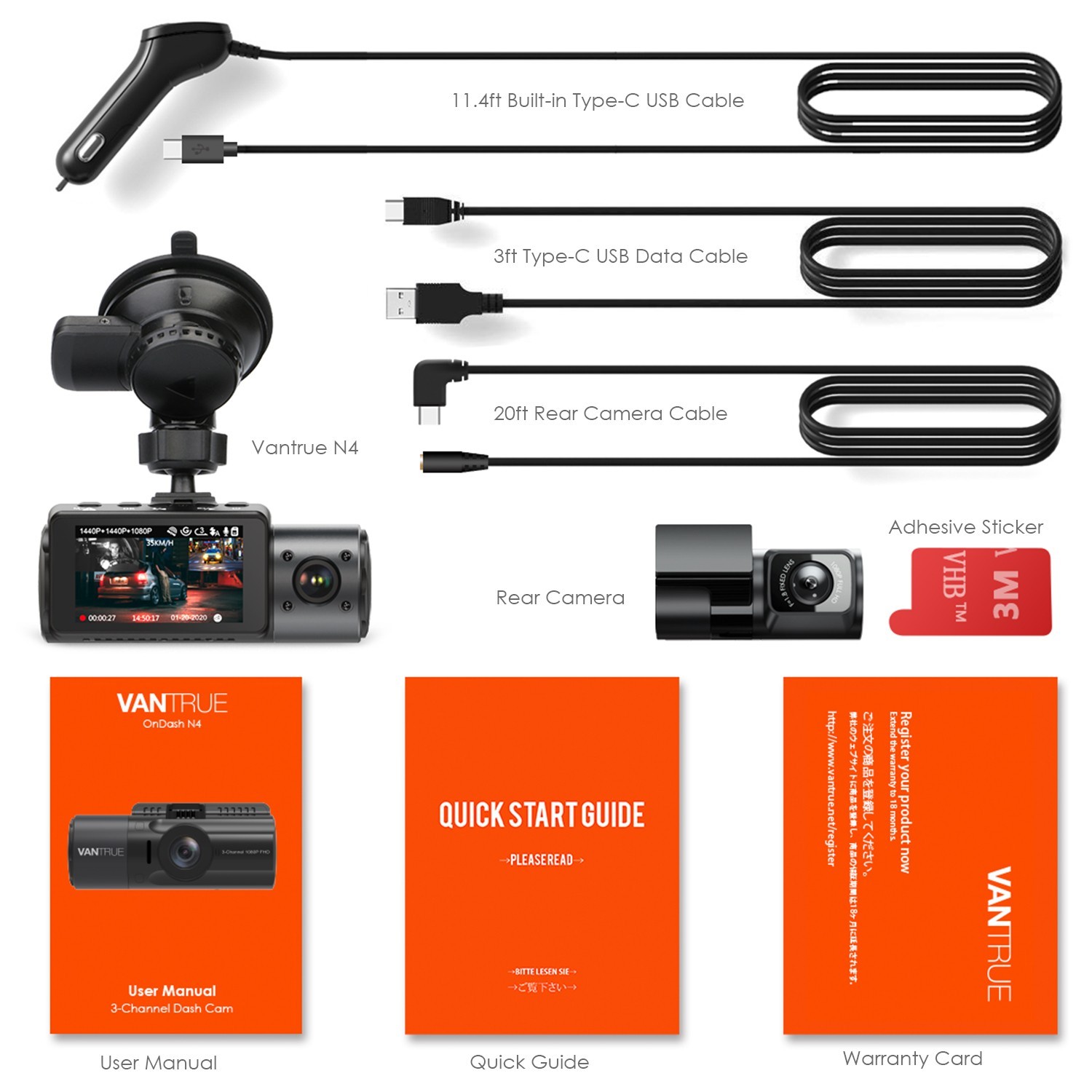 VANTRUE N4 4K 3 Channel Dash Cam Front Inside Rear Car Dash Camera Night Vision