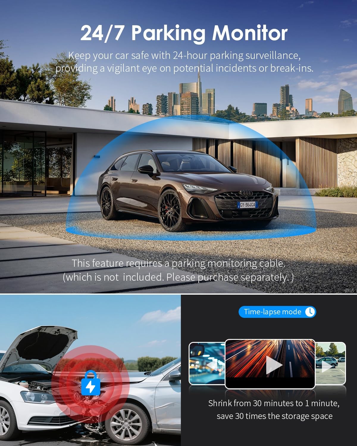Dash Cam 2K WiFi 1440P Voice Control Night Vision Hidden 24H Parking