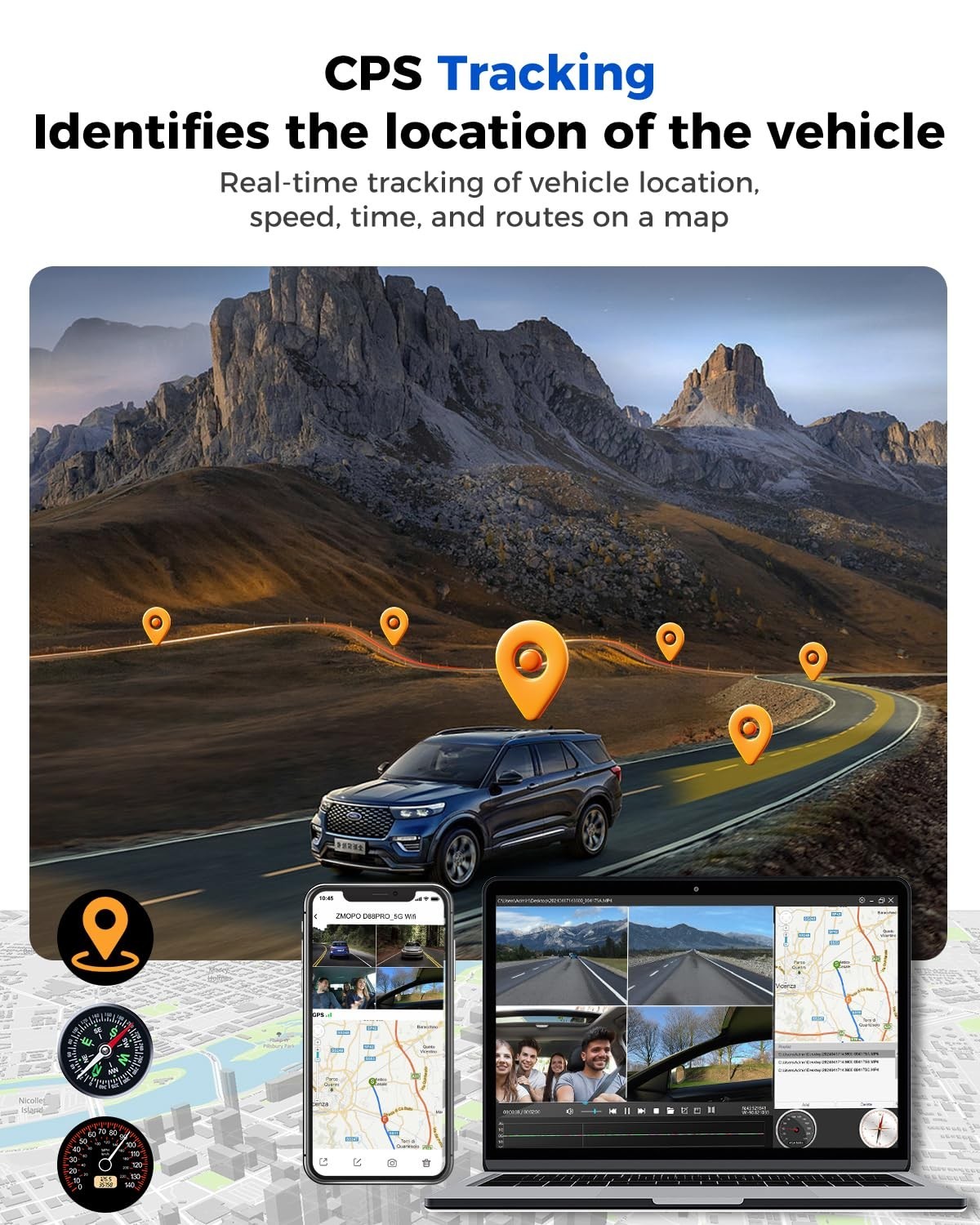 360° 4-Channel Dash Cam with GPS, Night Vision, 160° Wide Angle, 128GB Card