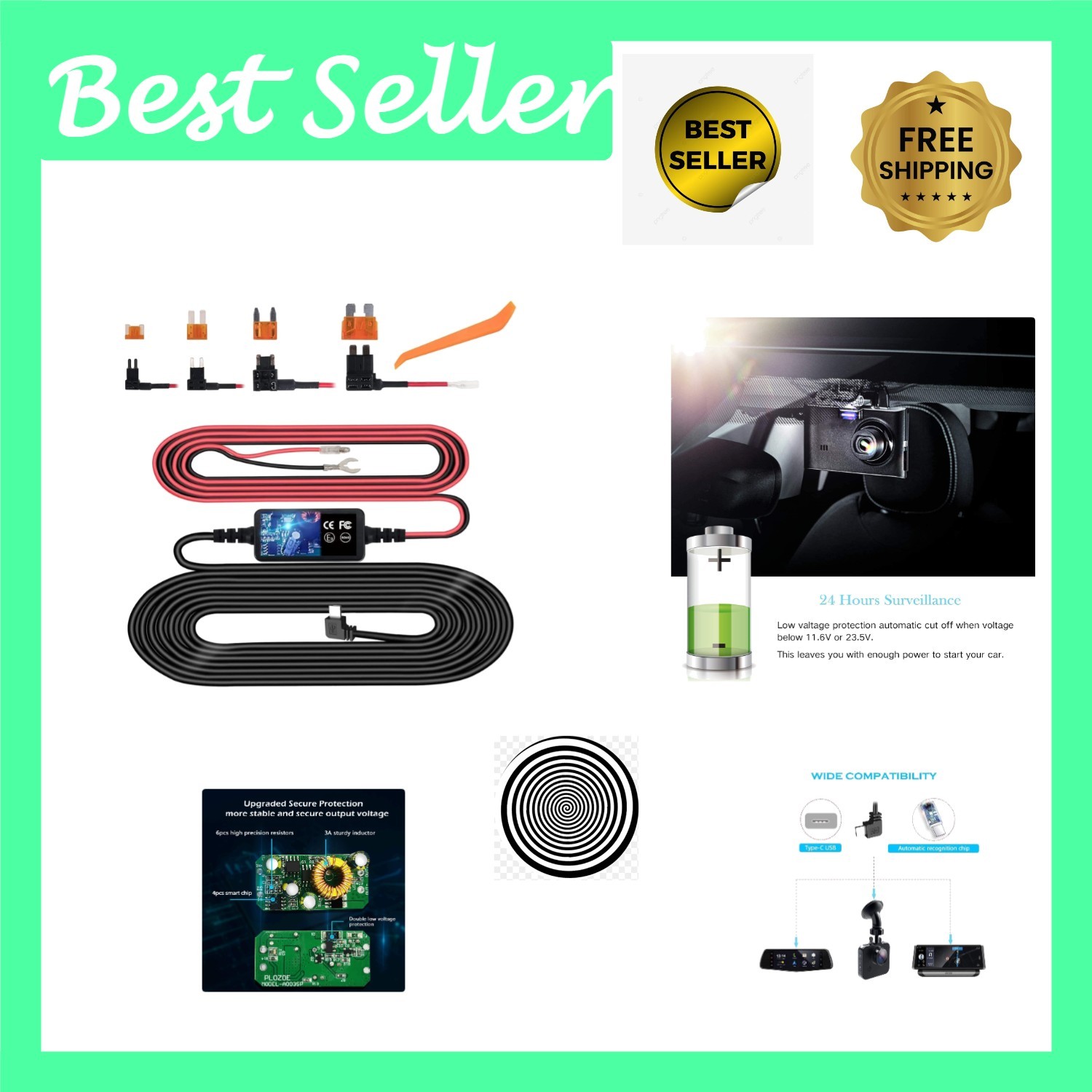 Universal Dash Cam Hardwire Kit: Continuous Power Supply, Easy Installation