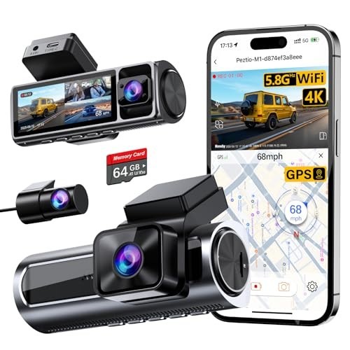Dash Cam Front Rear Inside 4K 1080P 5.8GHz WiFi GPS 64GB Card Triple Car Camera