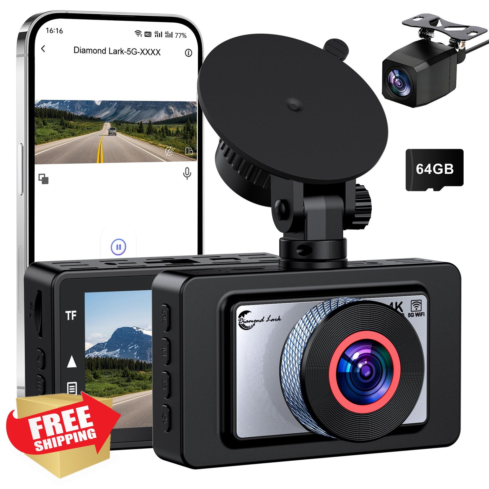 Diamond Lark 4K Dash Cam Front Rear 64GB WiFi APP Control