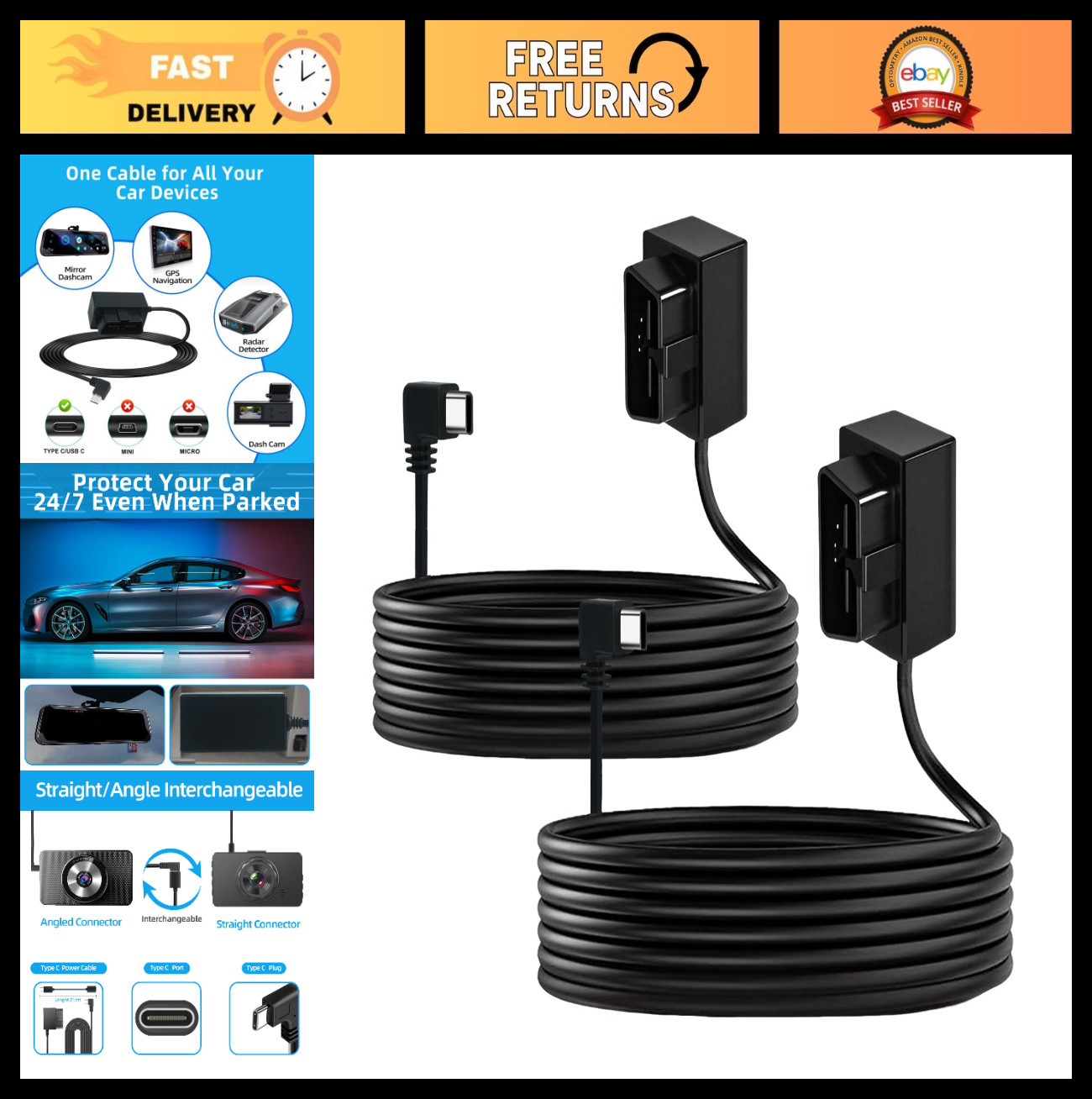 2Pcs Dash Cam Hardwire Kit, OBD Power Cable & USB Type C Charger, 24H Parking Mo