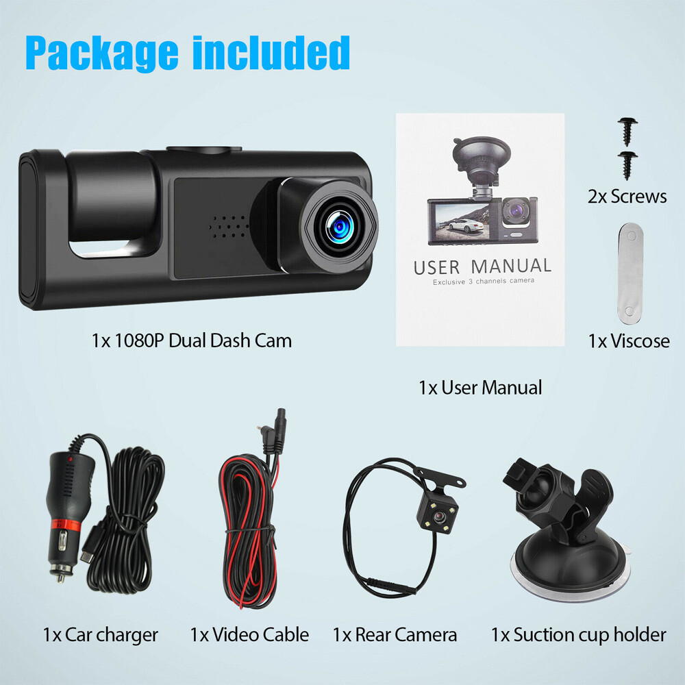 HD 1080P Car Dual Lens Dash Cam Front/Rear/Inside Video Recorder Camera G-sensor