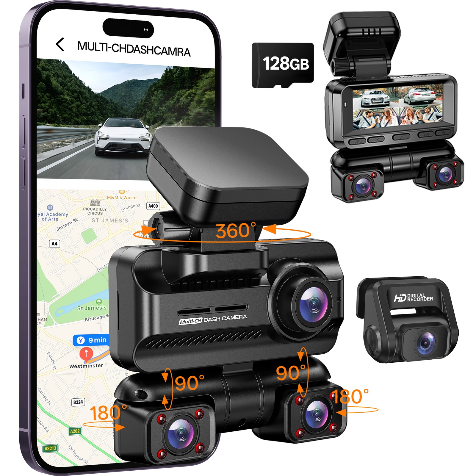 4K 4 Channel 360° Front Rear Inside Dash Camera WIFI & GPS With 128GB SD Card
