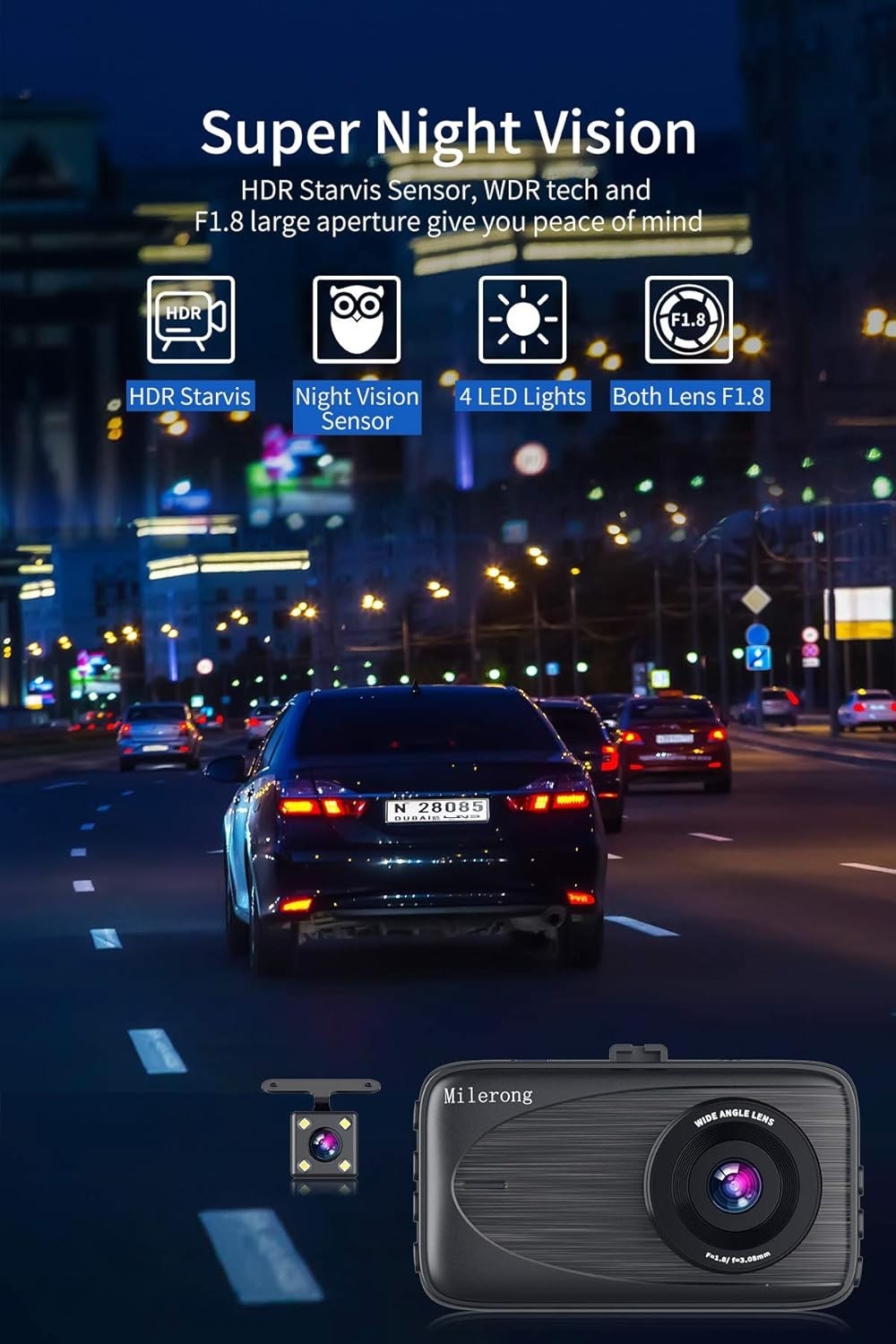 3″ IPS FHD Dash Camera with G-Sensor & Loop Recording for Cars – Front and Rear