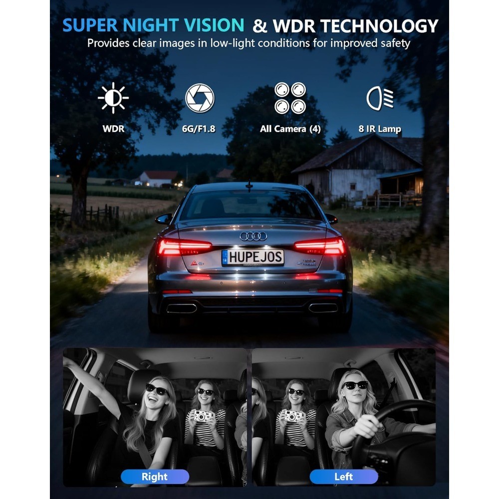 4 Channel Front and Rear Interior Dash Cam 4K UHD with Built-in Wi-Fi GPS Night