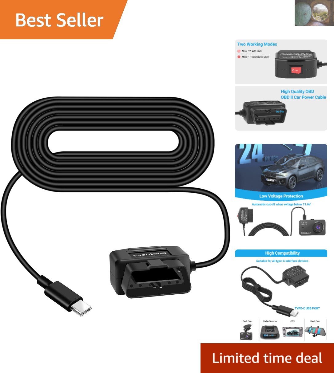 Type-C OBDII Adapter Cable for Dash Cam – Dual Mode with Low Voltage Protection
