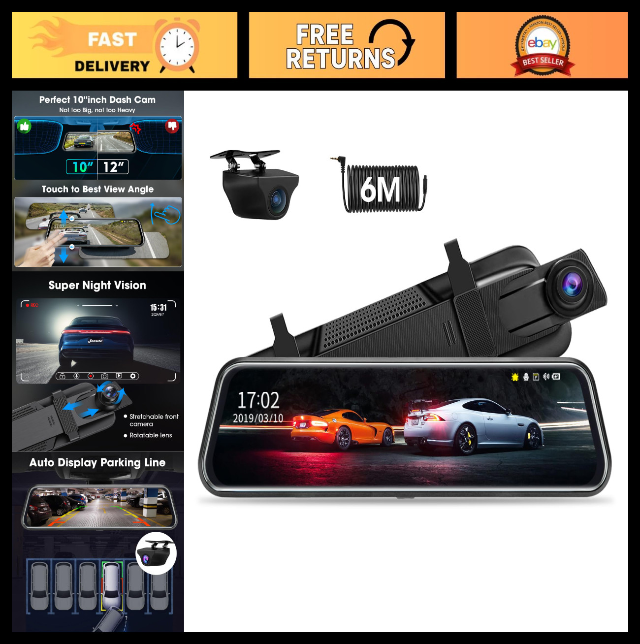 10″ Touch Screen Rear View Mirror Dash Cam 1080P Front & Rear Backup Camera, G-S