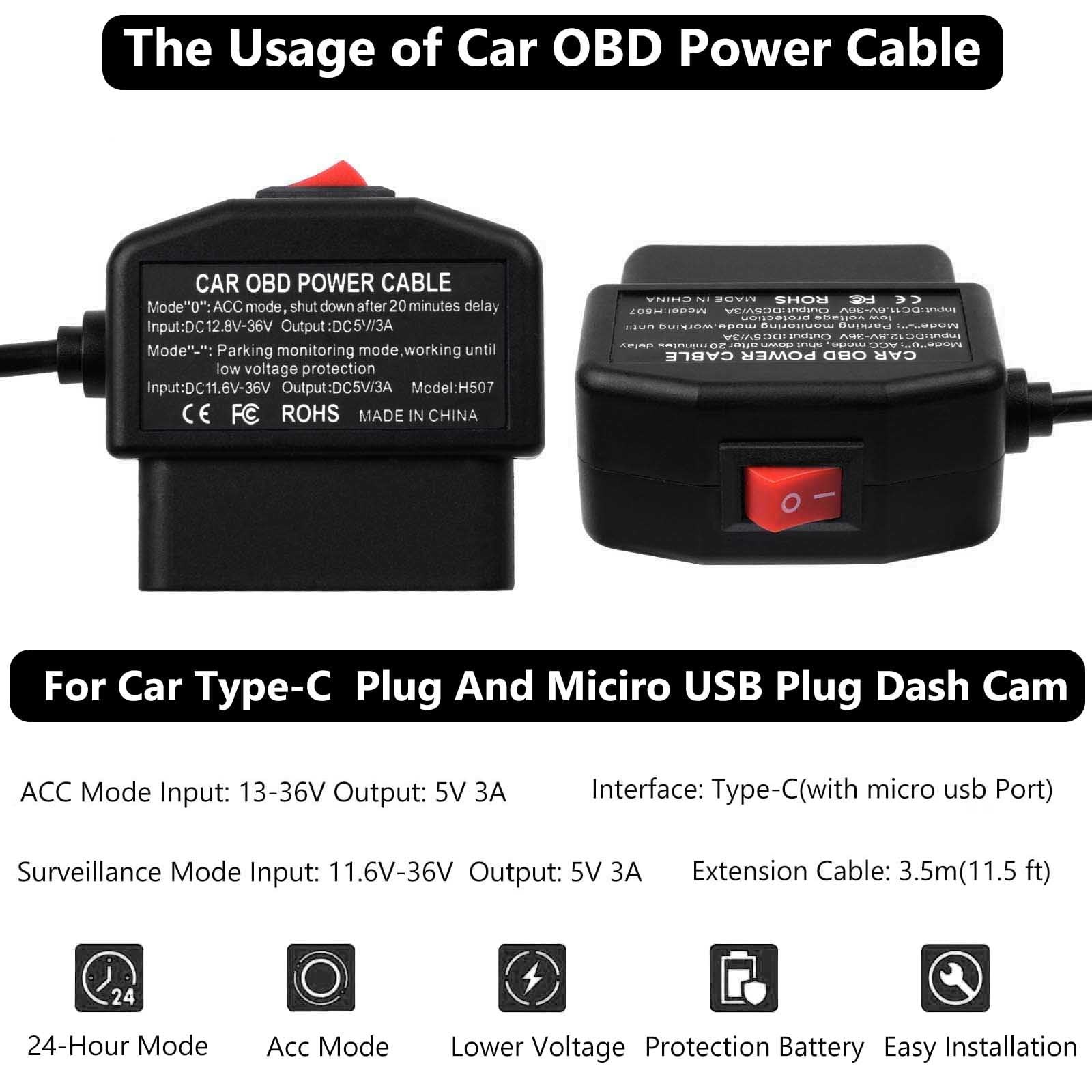 OBD Power Cable for Dash Camera 24 Hours Surveillance and Acc Two Mode with S…