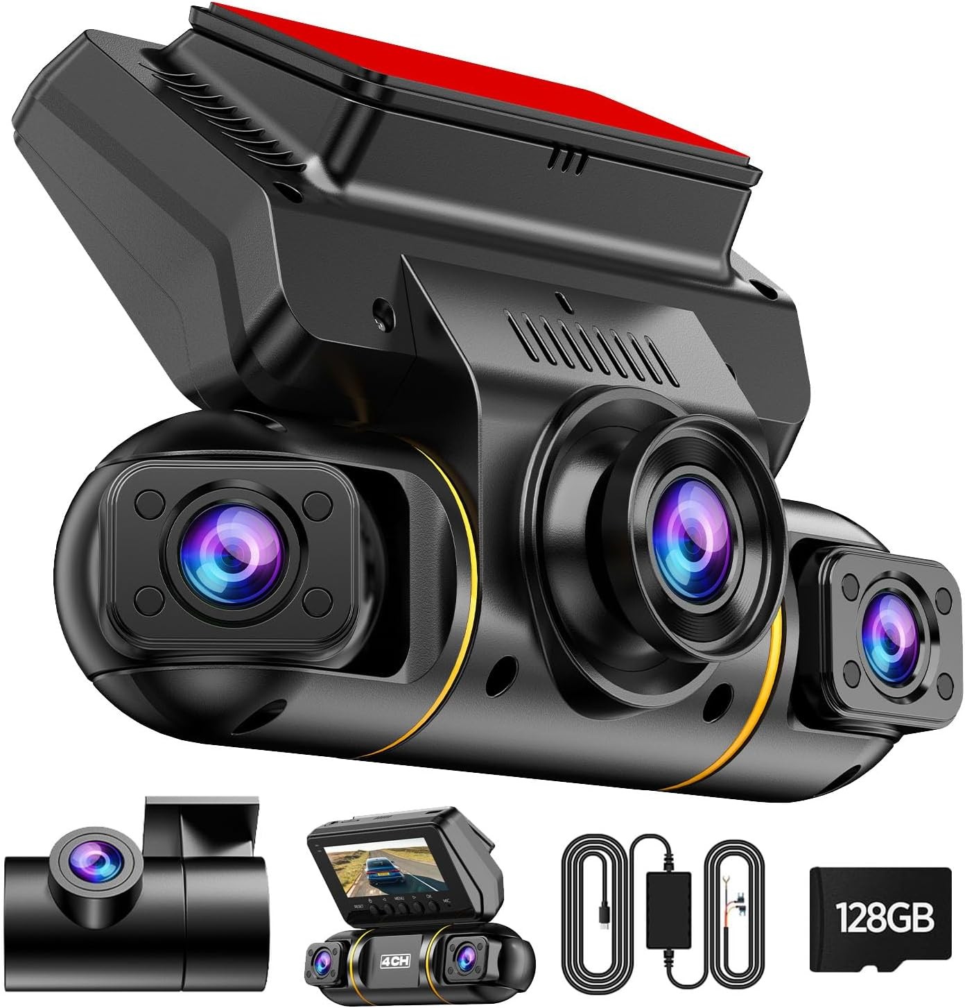 4 Channel 360°1080P Dash Cam Front Rear Inside Car Camera W/ Hardwire Kit 128GB