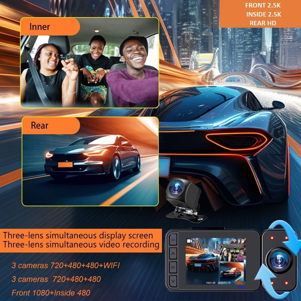 AUSHA 3 Channel Dash Cam for Cars with 2.5K Video | WiFi | Night Vision | G-Sens