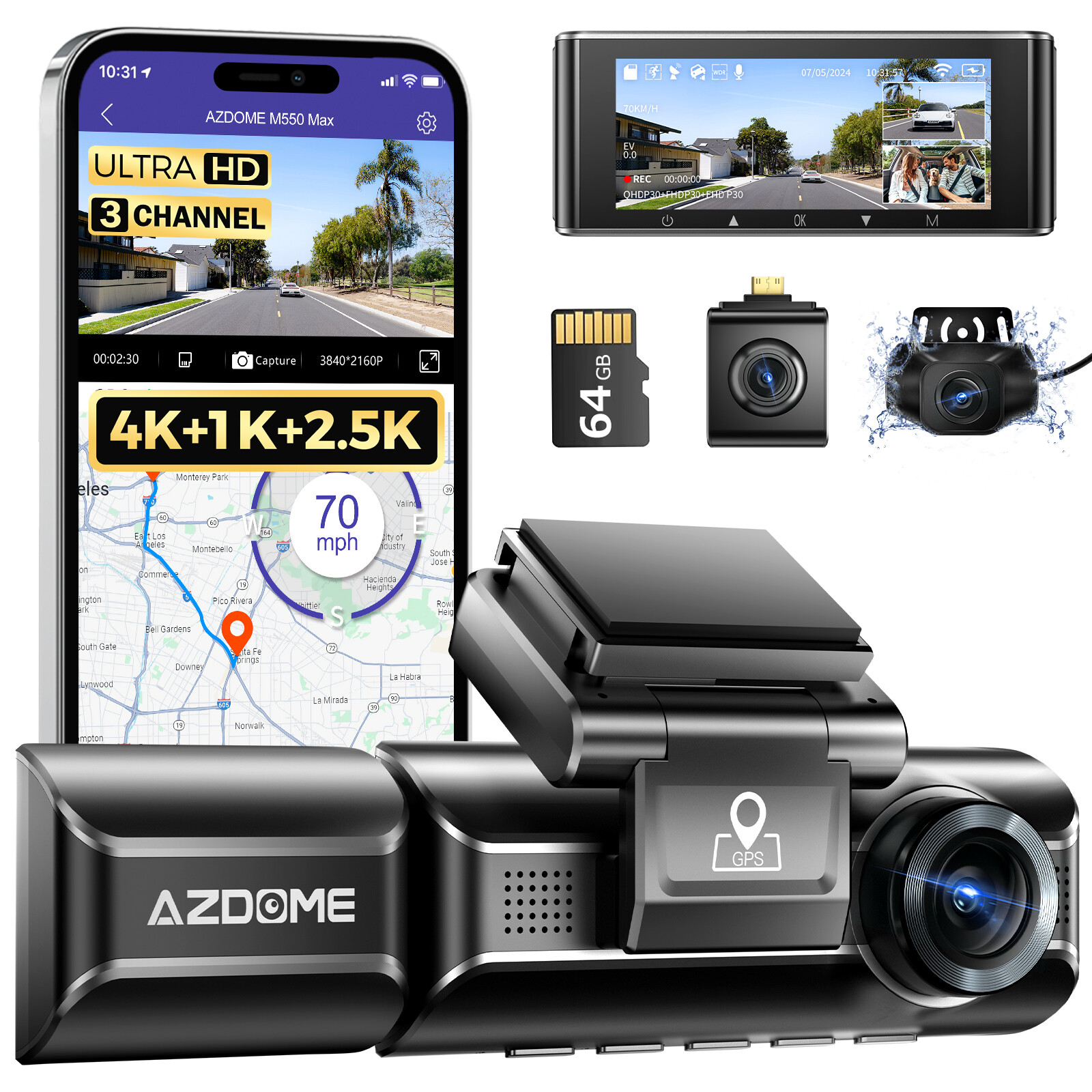 AZDOME 4K+1080P+2.5K 3 Cameras Dash Cam WiFi GPS Park Monitor 3.19″ Night Vision