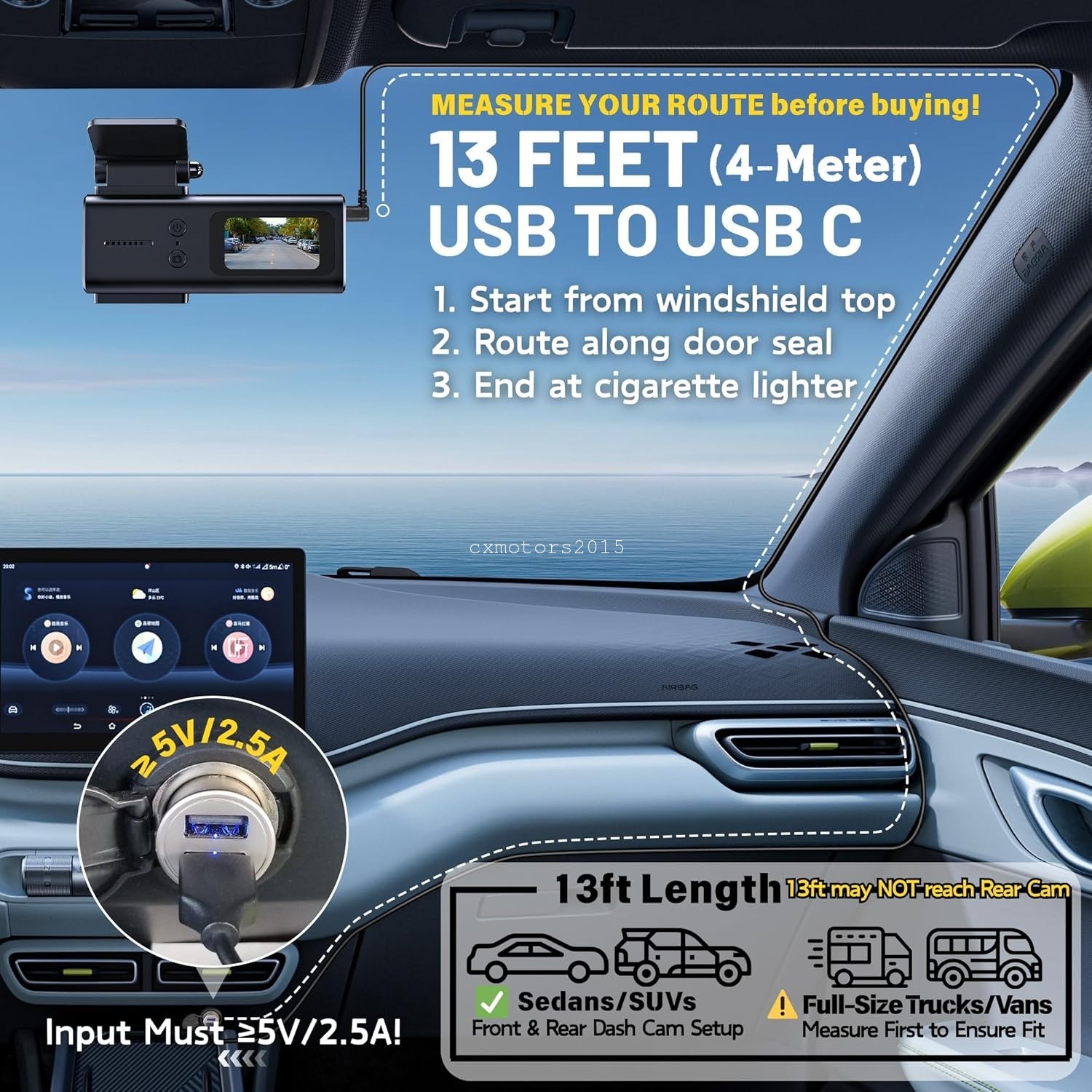 USB A to USB C Charging Cable Power Cord 13Ft for Dash Cam Dashboard Recorder