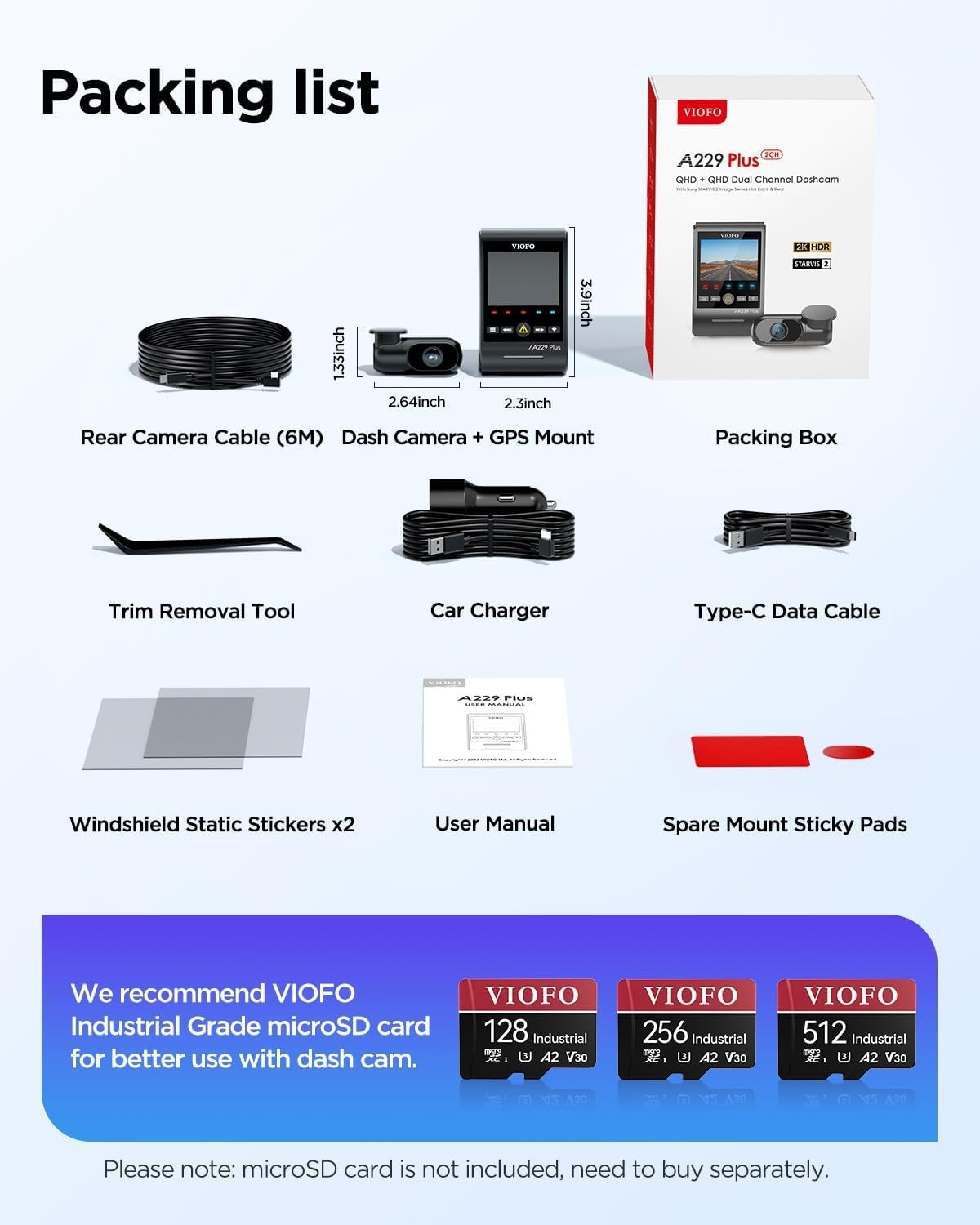 Compact A229 Plus Dash Cam, 1440P Front and Rear with Hands-Free Voice Control