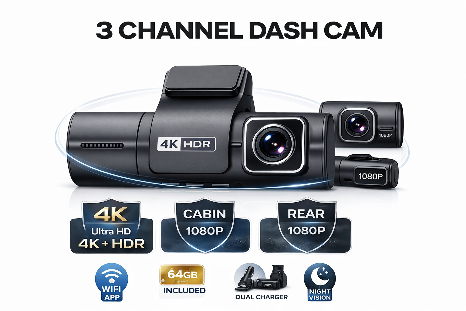 3 Channel Dash Cam 4K Front 1080 Cabin 1080 Rear WiFi 64GB Dual Charger