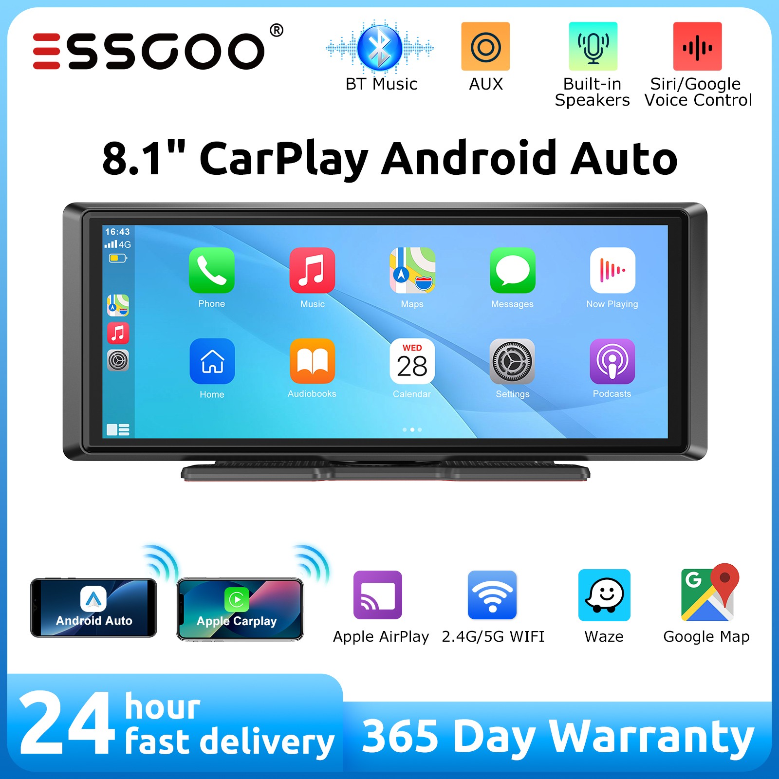 8.1” Portable Car Stereo Apple Carplay Screen for Car, Android Auto GPS Navi FM