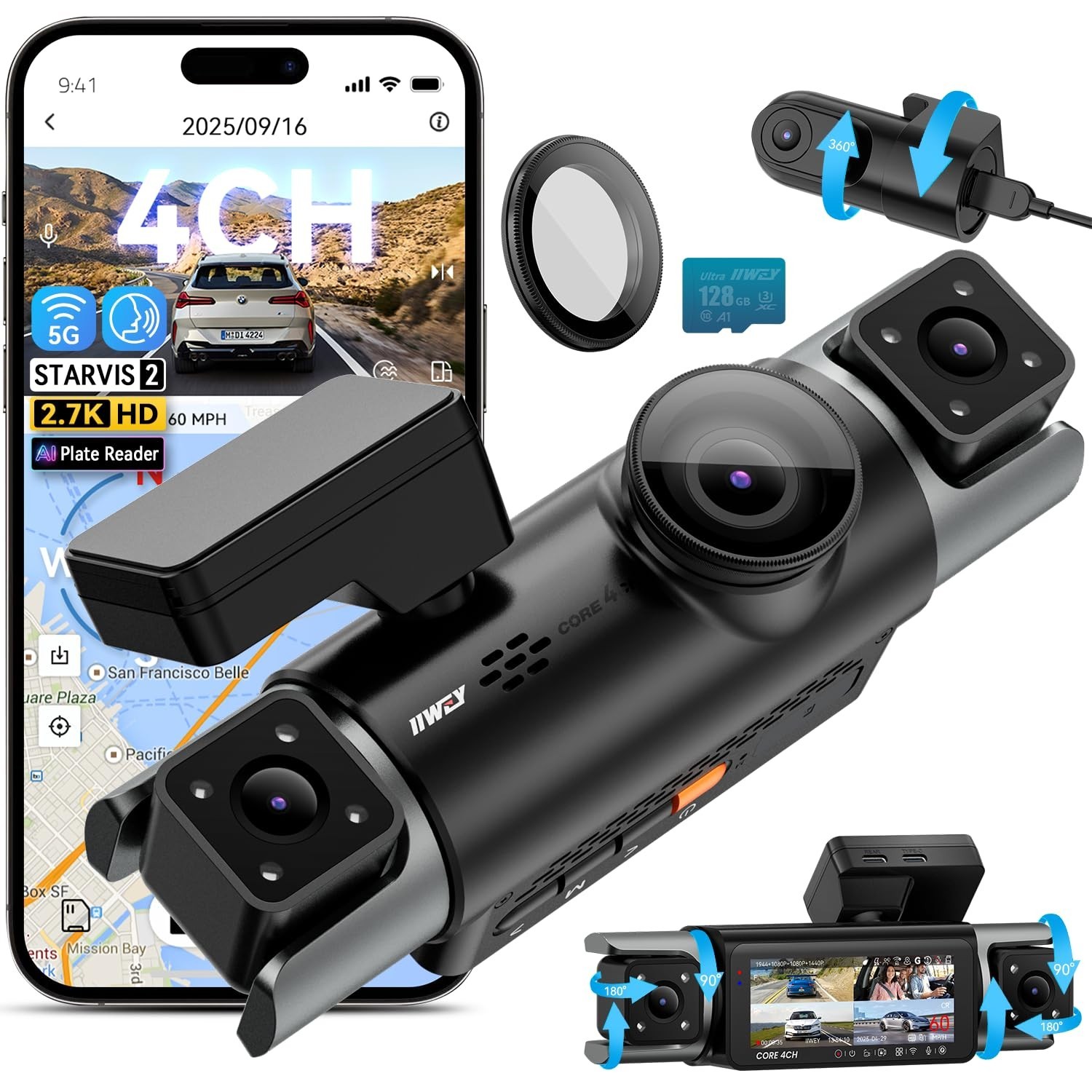 4-Channel 360° Dash Cam, 2.7K Front & 2K Rear, Night Vision, GPS, WiFi, Voice Co