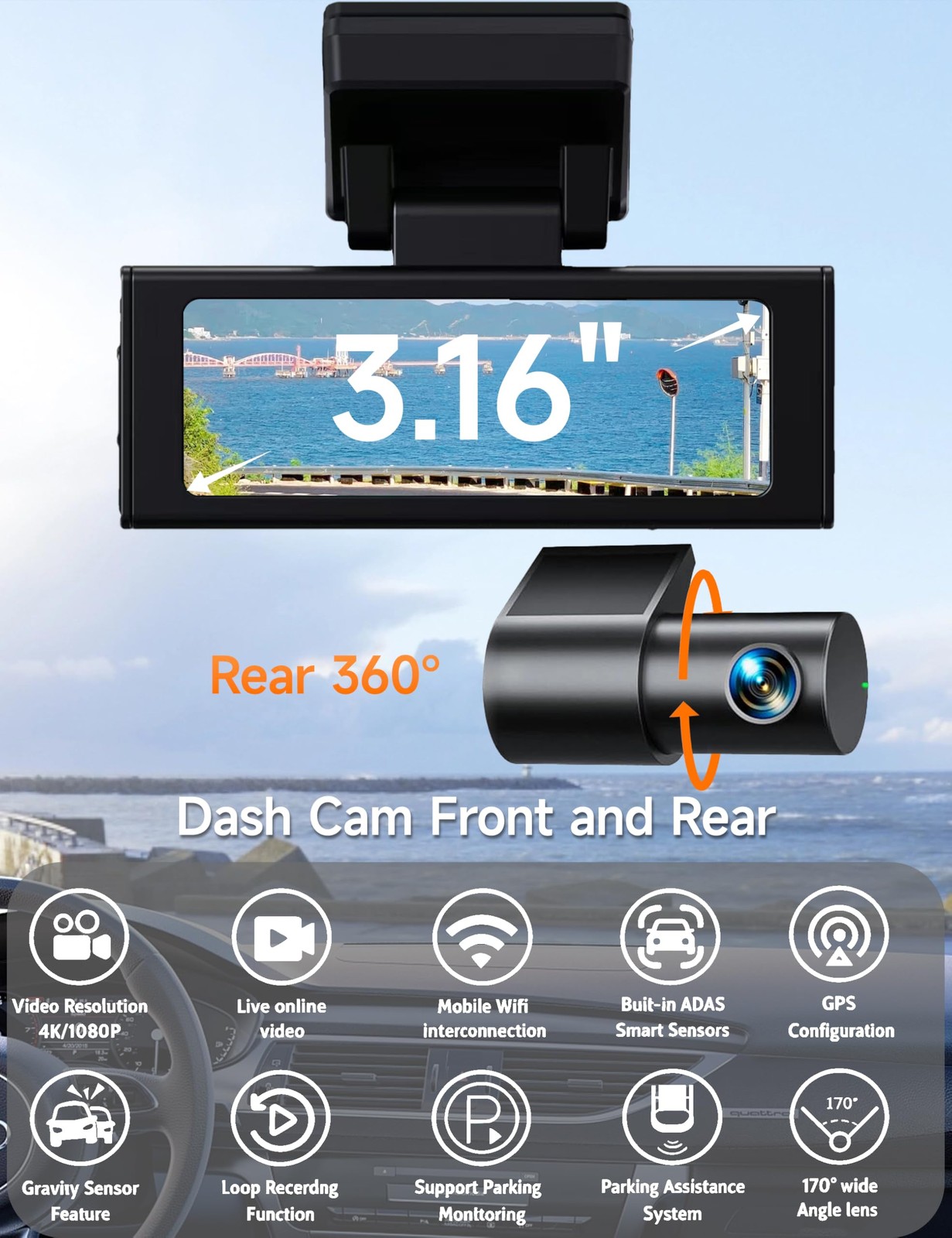 True 4K Front & 2.5K Rear Dash Cam with WiFi & GPS, Smart App Control Dash Ca…