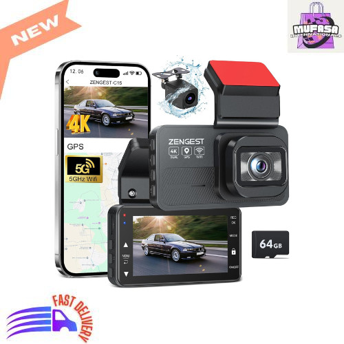 4K Dual Dash Cam Front Rear GPS WiFi ADAS Night Vision 64GB Included