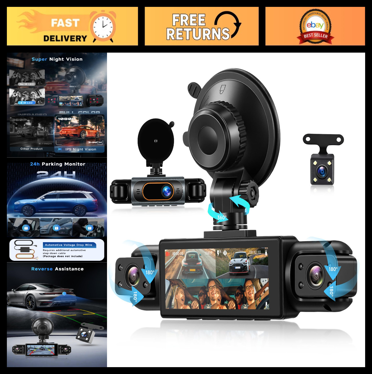 4 Channel 360° FHD 1080P Dash Cam, Night Vision, Loop Recording, Parking Monitor